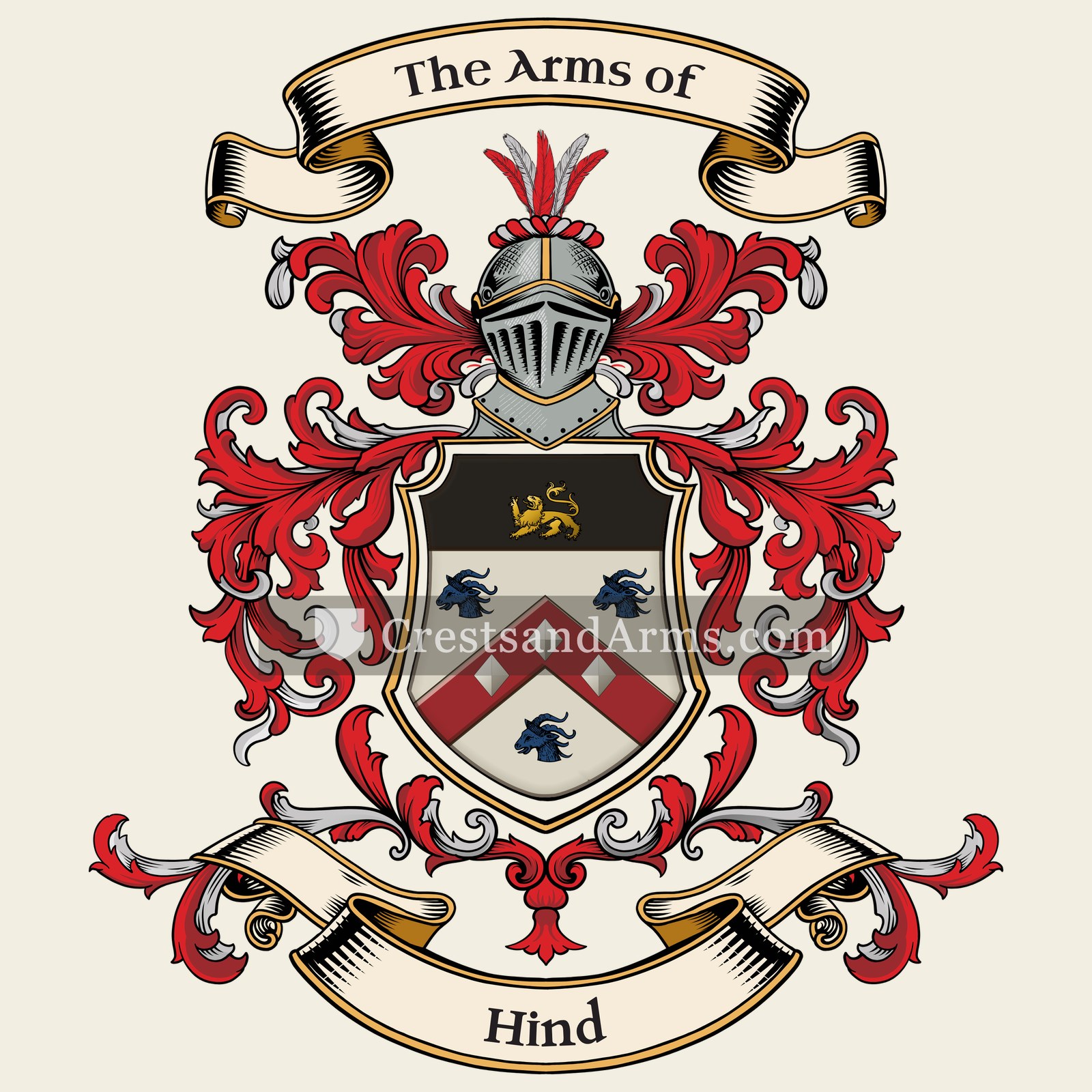 The Hind coat of arms, drawn from the recorded blazon
