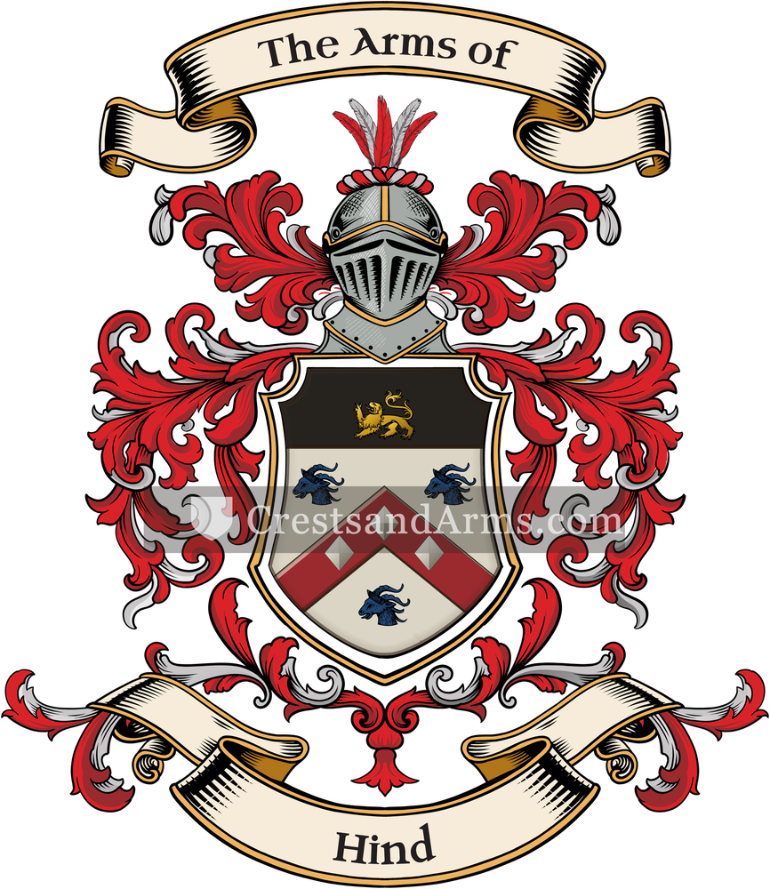The Hind coat of arms, drawn from the recorded blazon