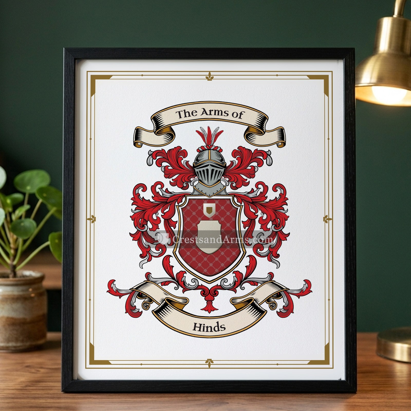 The Hinds arms on the framed, black wood