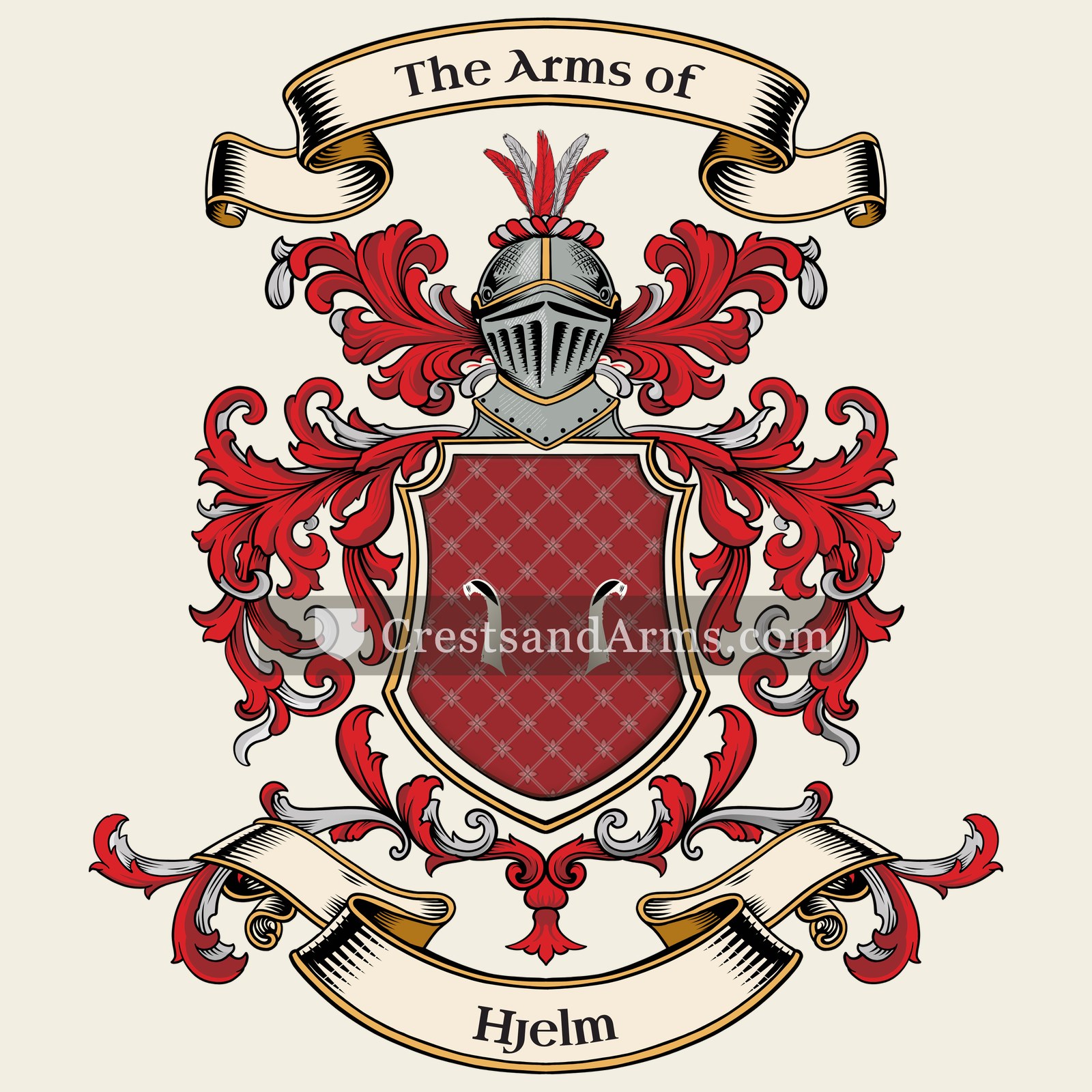 The Hjelm coat of arms, drawn from the recorded blazon