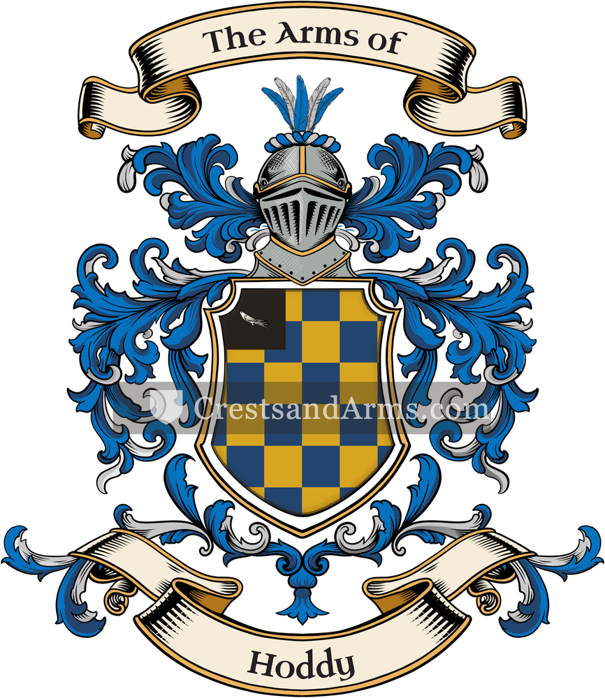 The Hoddy coat of arms, drawn from the recorded blazon