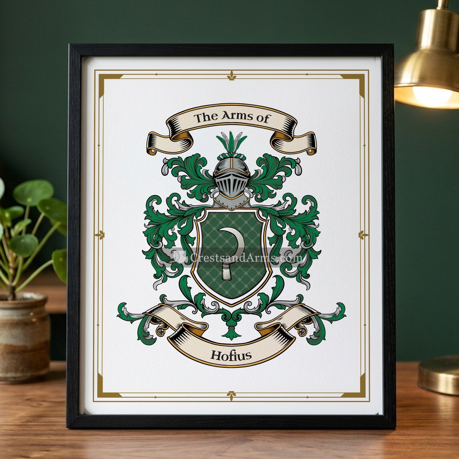 The Hofius arms on the framed, black wood