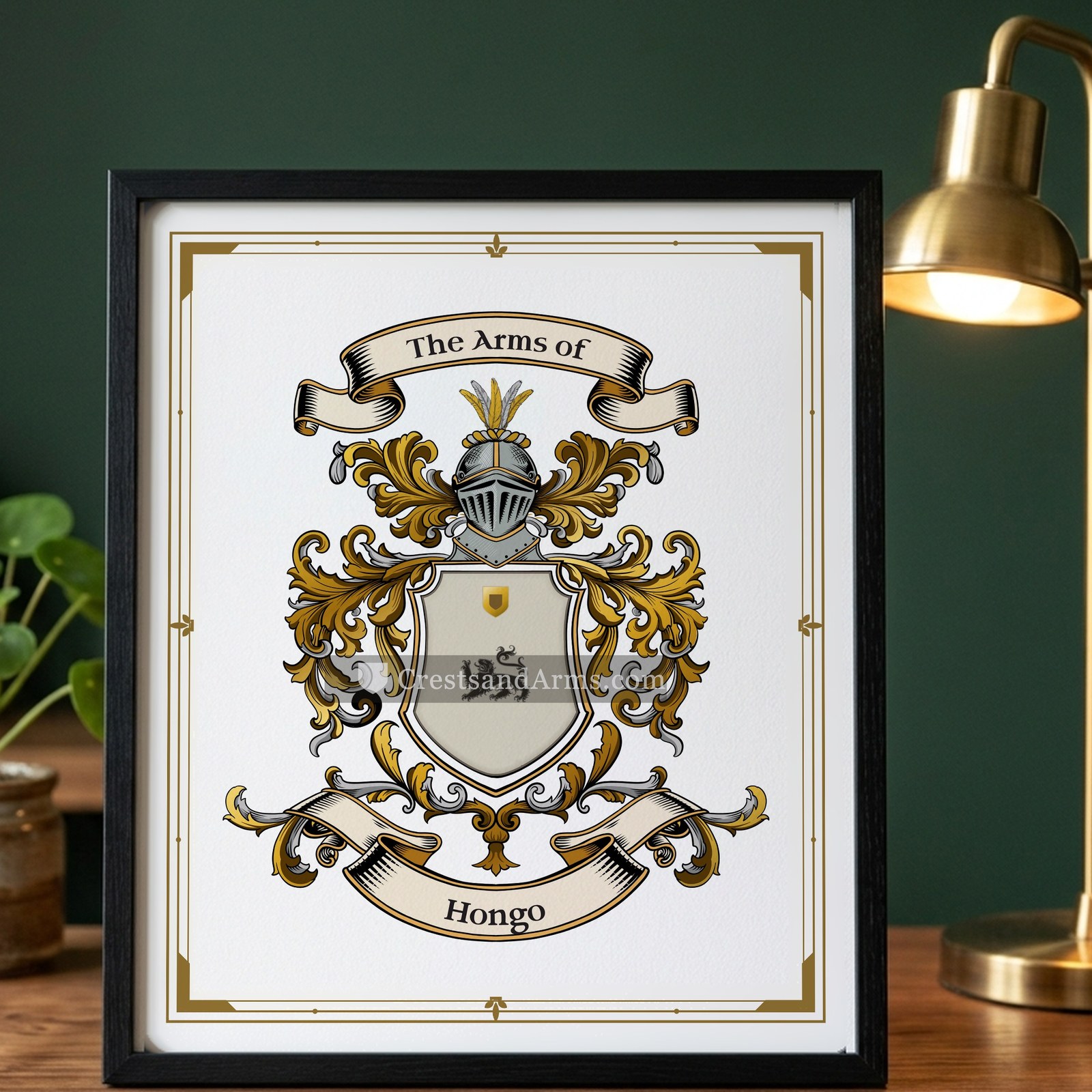 The Hongo arms on the framed, black wood