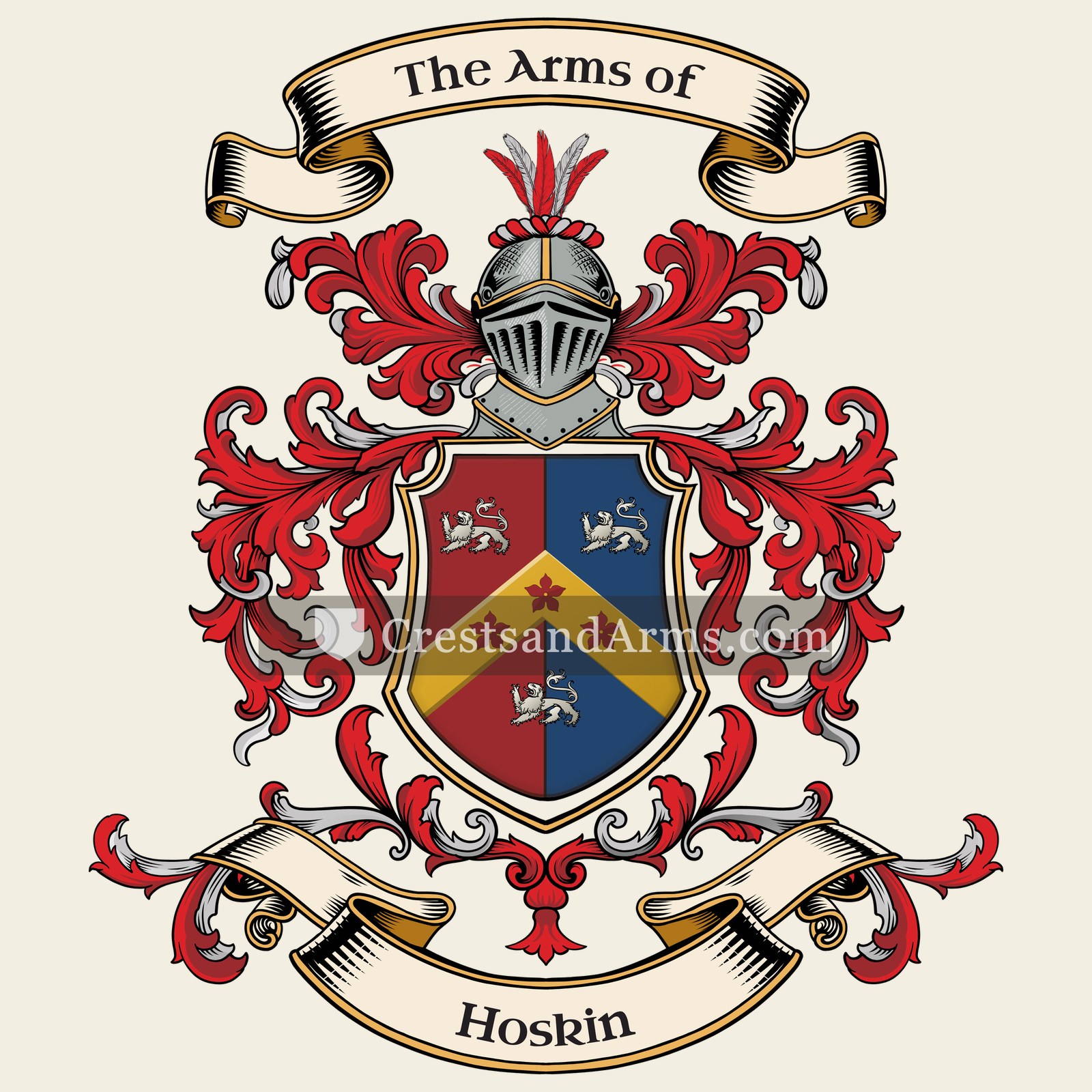 The Hoskin coat of arms, drawn from the recorded blazon