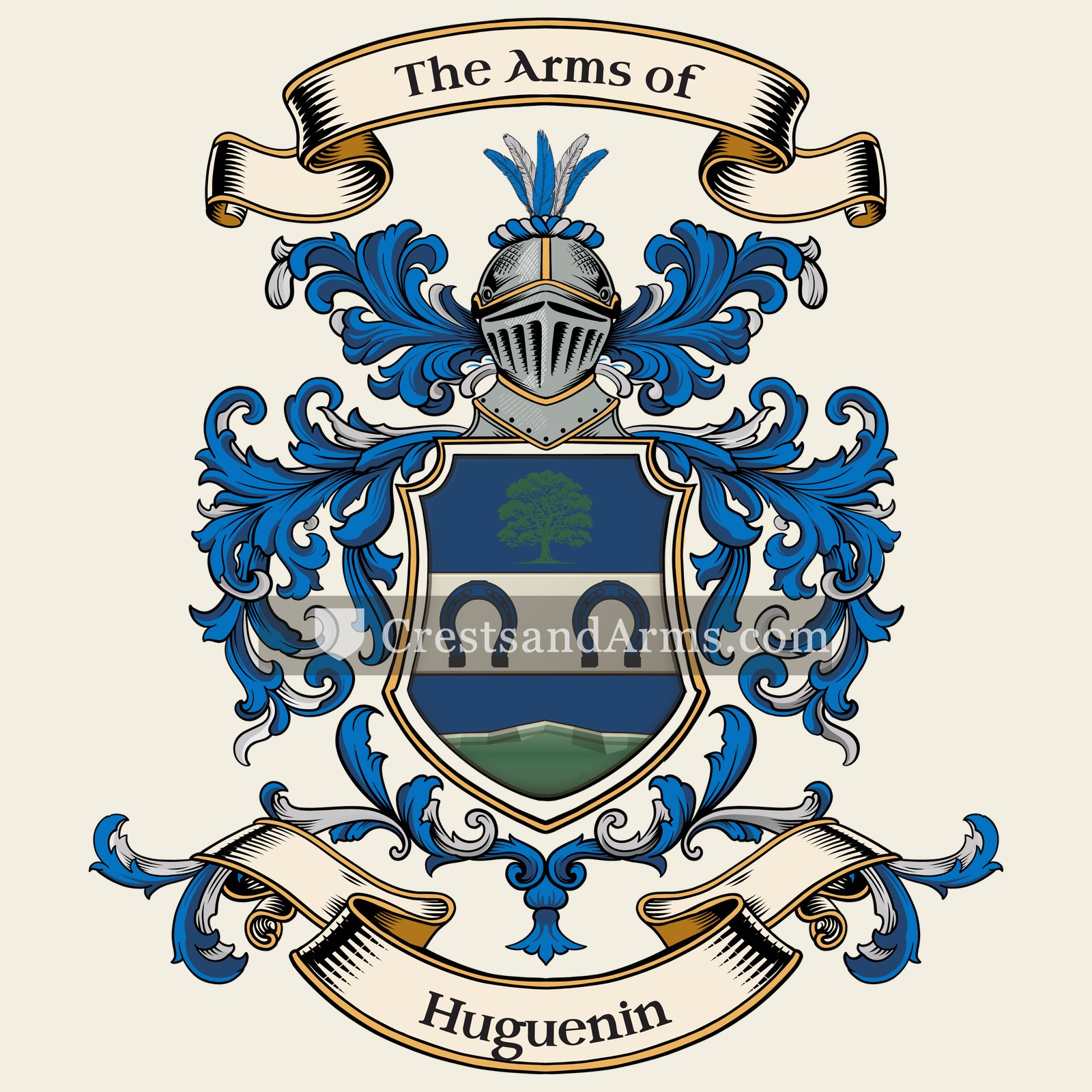 The Huguenin coat of arms, drawn from the recorded blazon