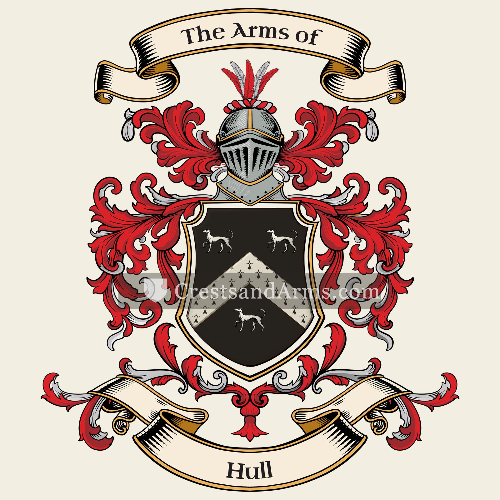 The Hull coat of arms, drawn from the recorded blazon