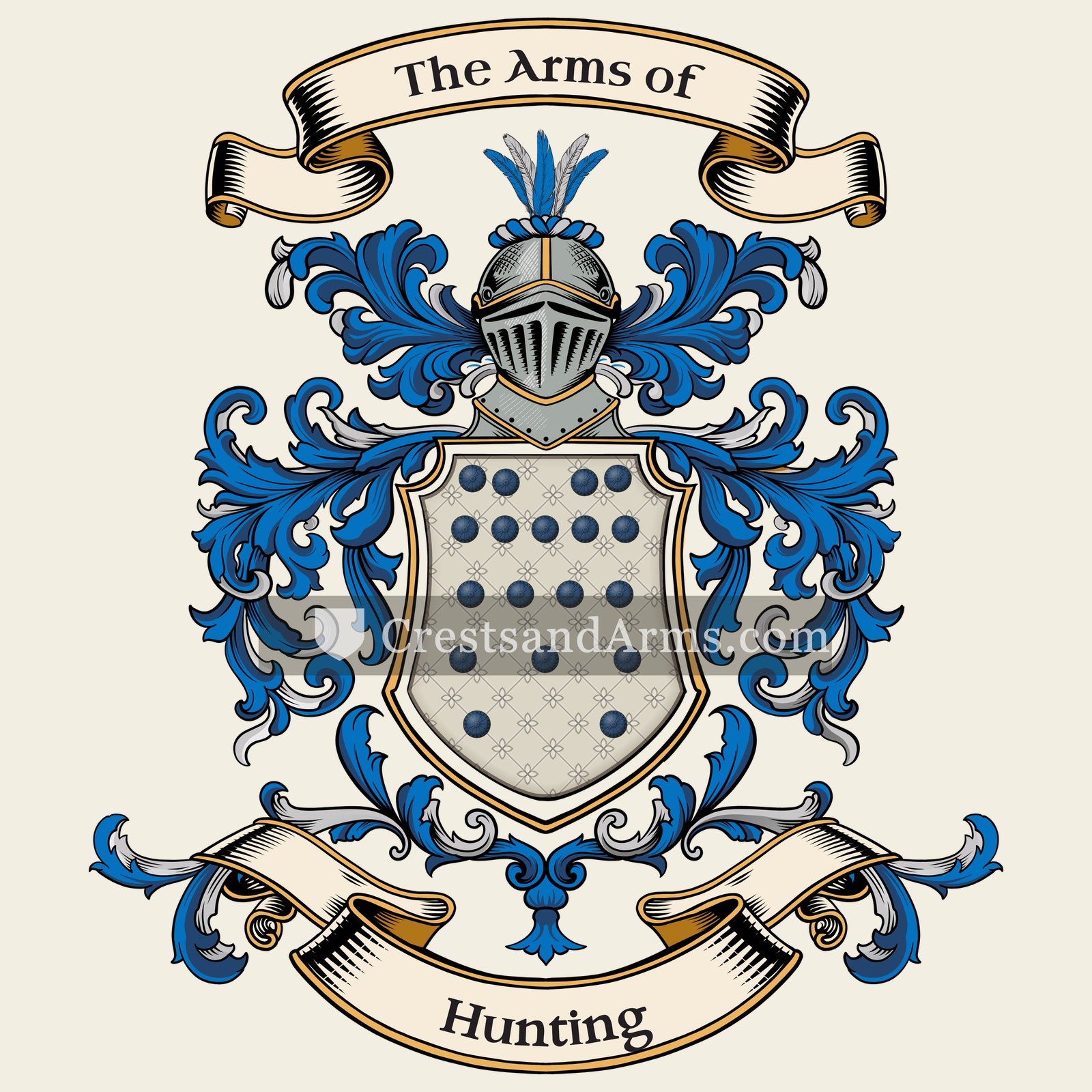 The Hunting coat of arms, drawn from the recorded blazon