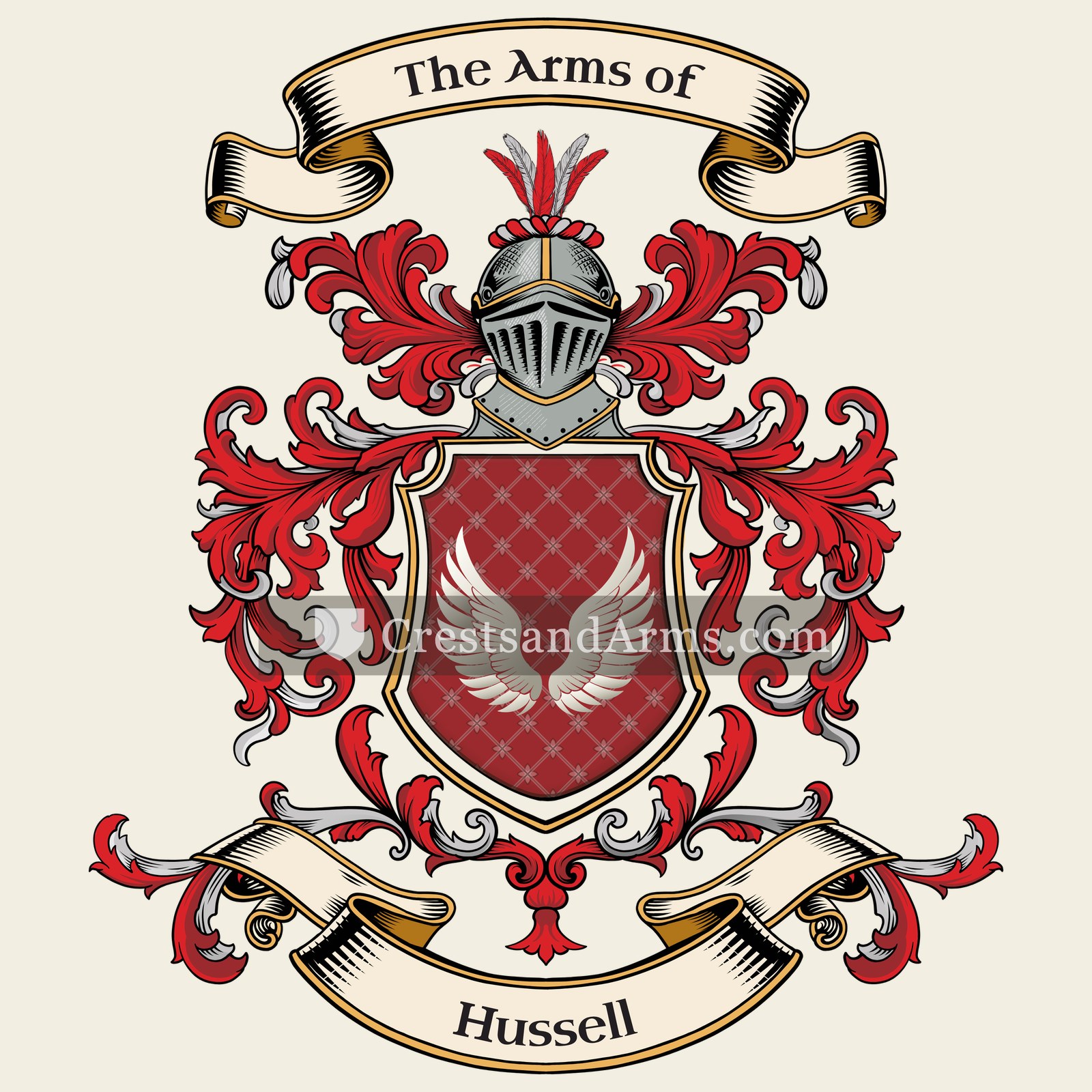 The Hussell coat of arms, drawn from the recorded blazon
