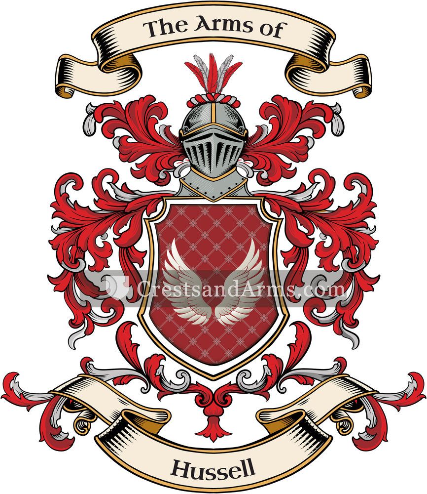 The Hussell coat of arms, drawn from the recorded blazon
