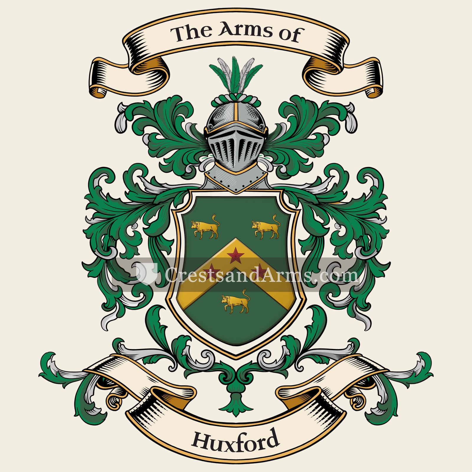 The Huxford coat of arms, drawn from the recorded blazon