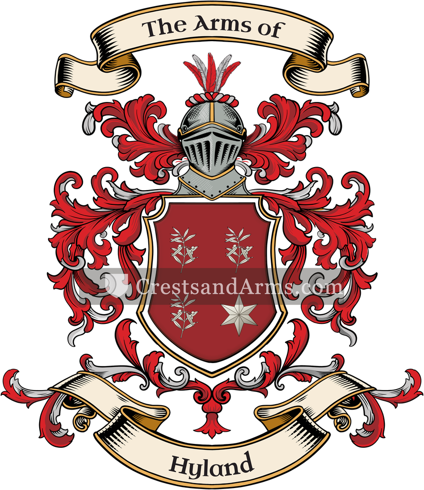 The Hyland coat of arms, drawn from the recorded blazon