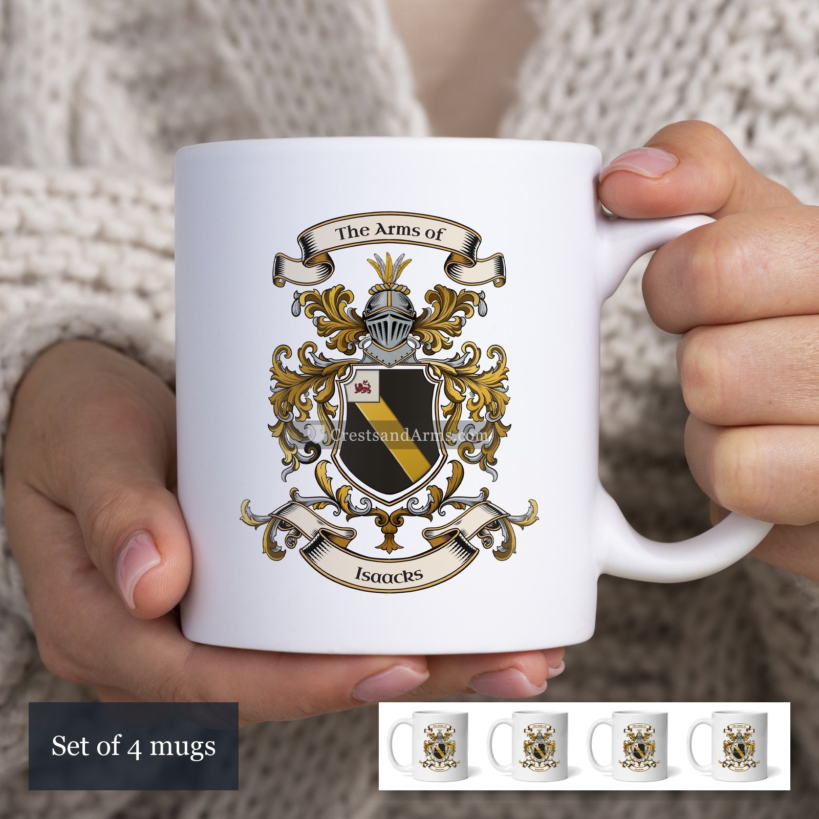 The Isaacks arms on the set of 4 mugs