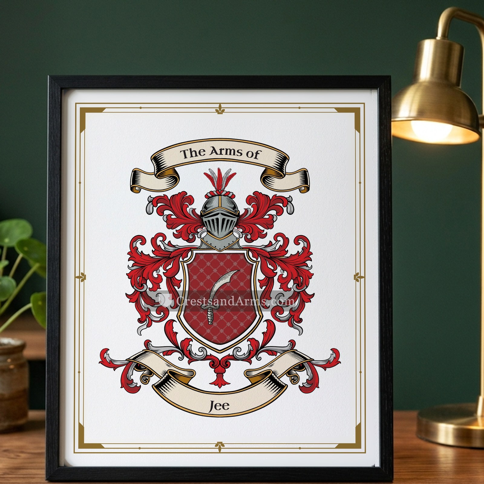 The Jee arms on the framed, black wood