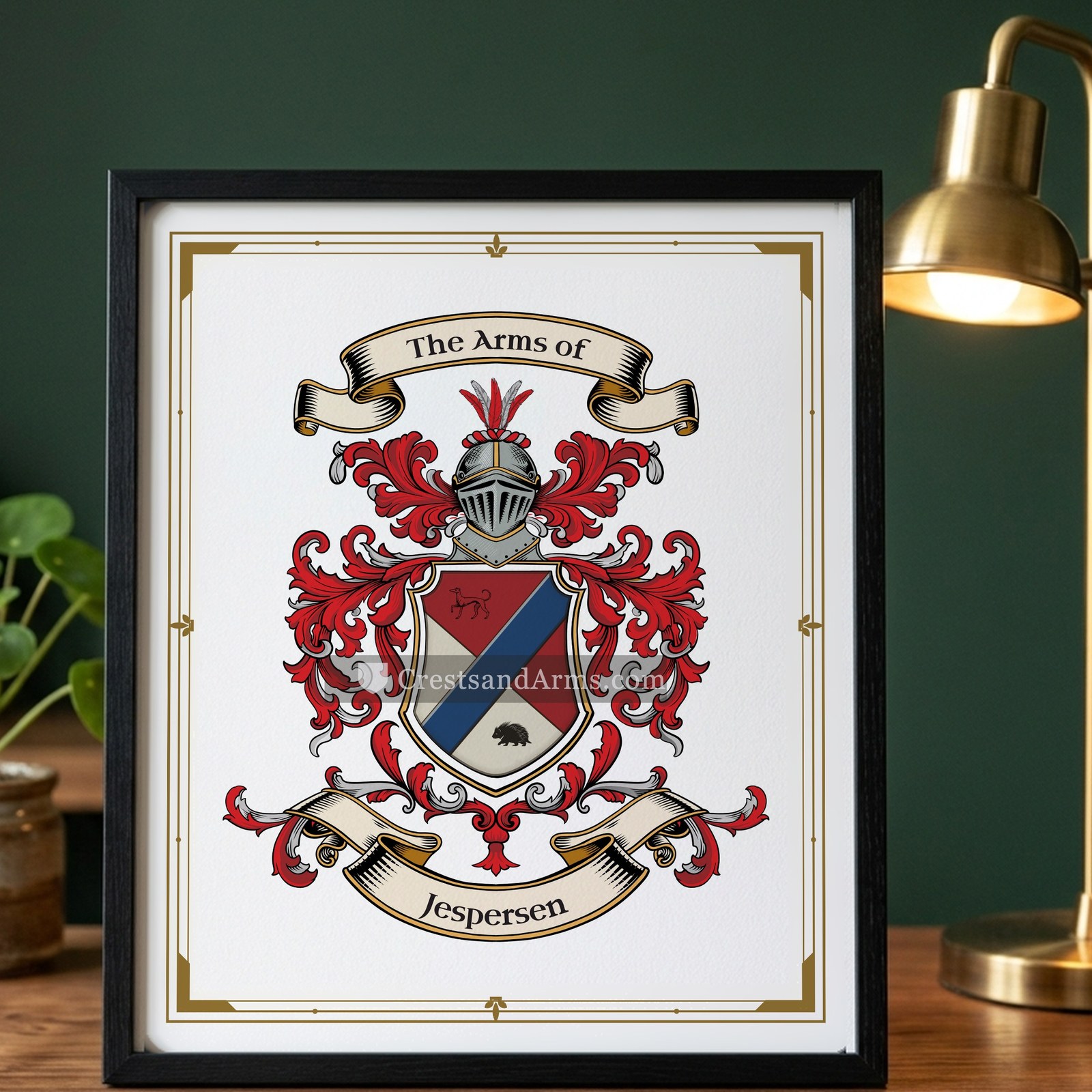 The Jespersen arms on the framed, black wood