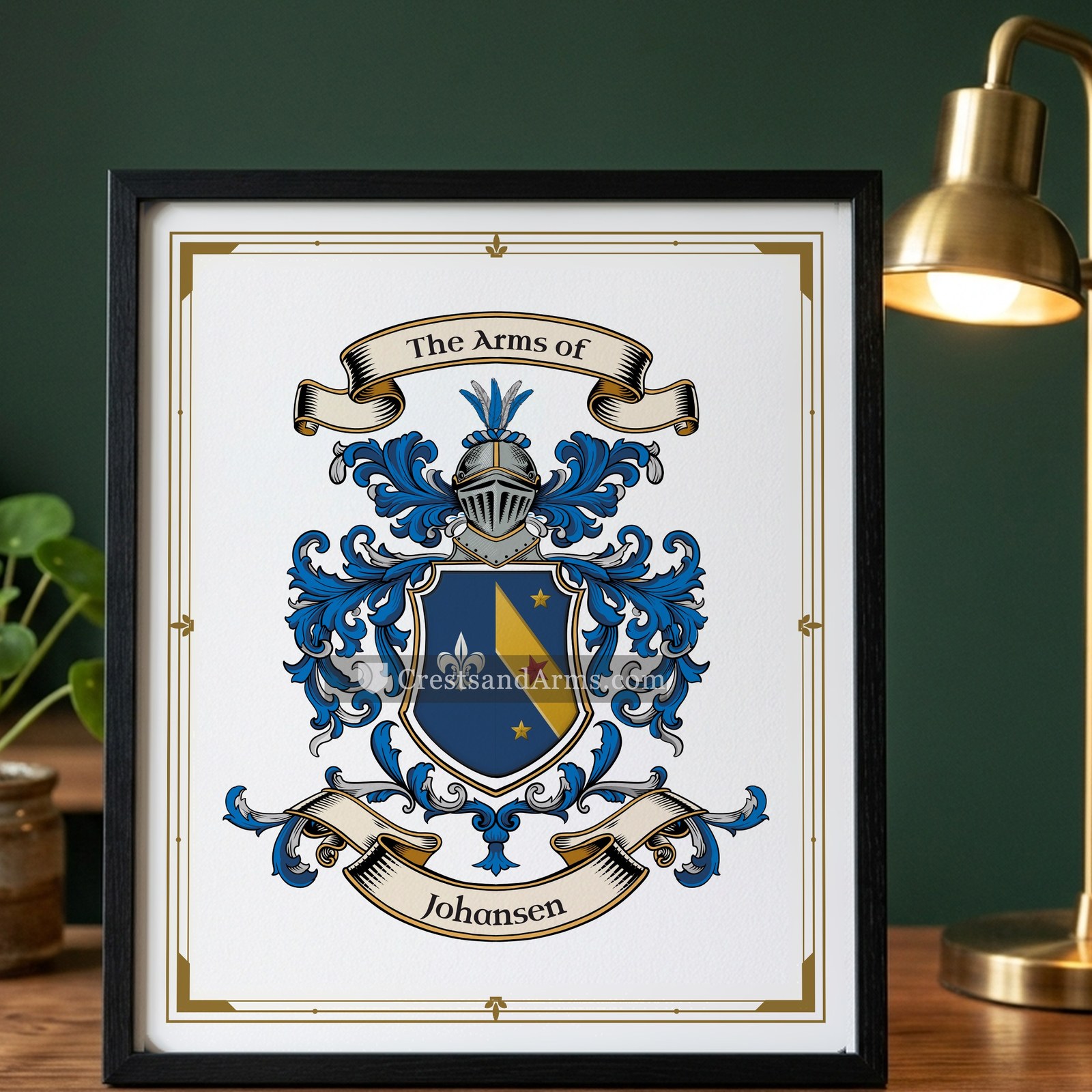 The Johansen arms on the framed, black wood