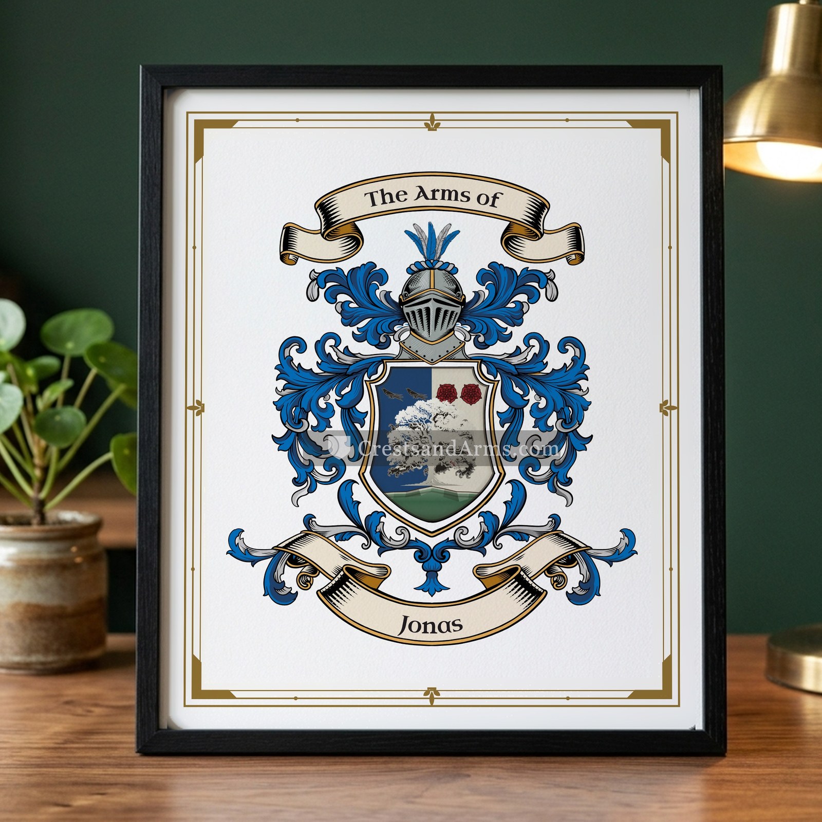The Jonas arms on the framed, black wood