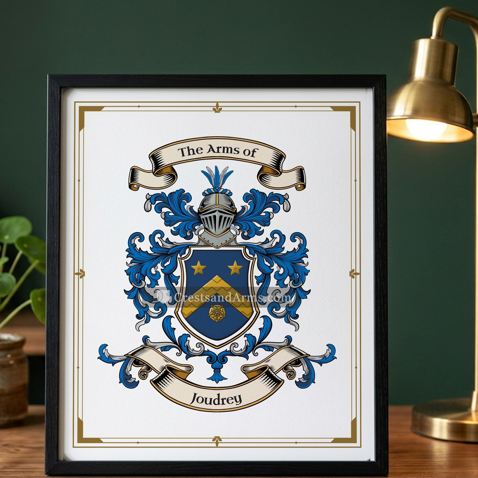 The Joudrey arms on the framed, black wood