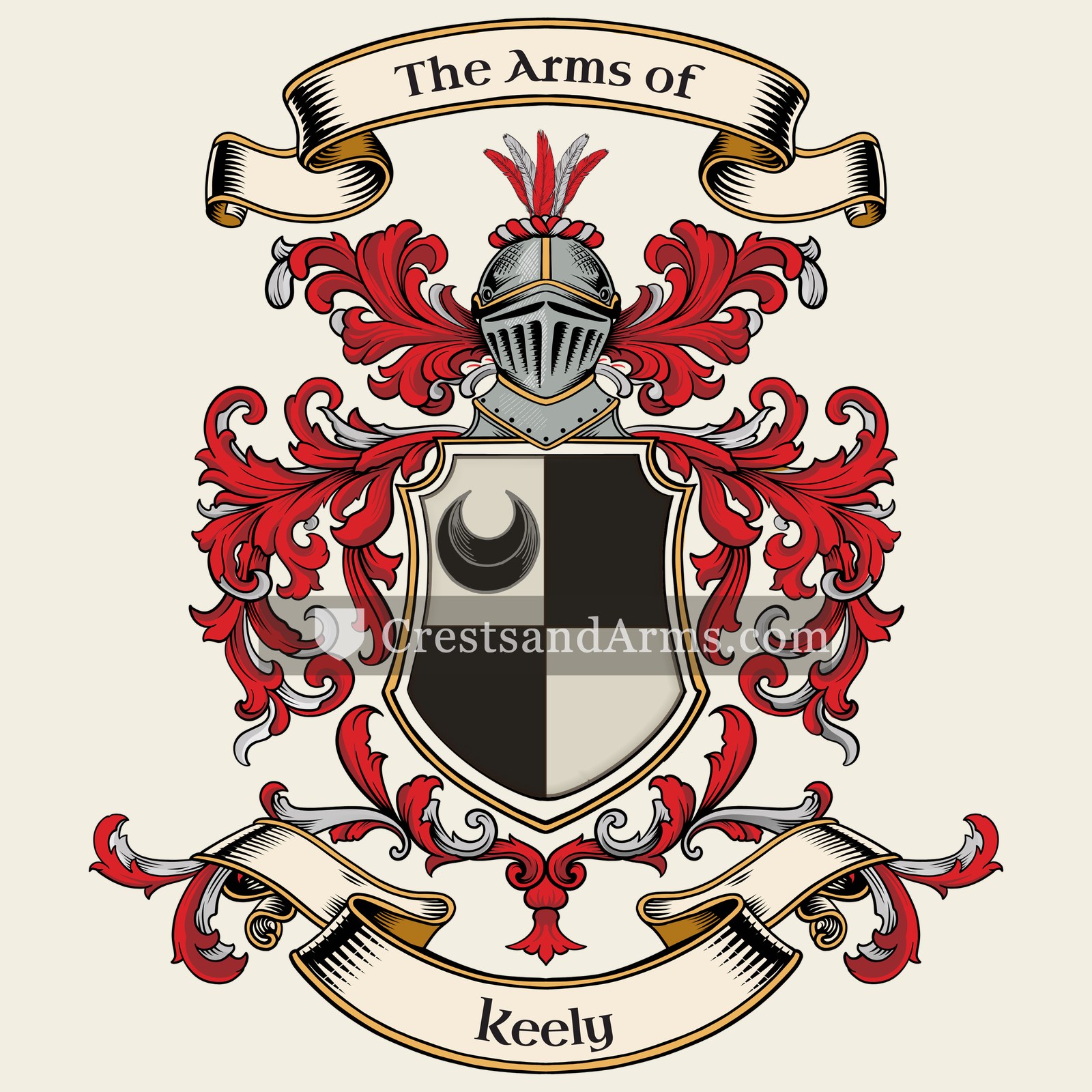 The Keely coat of arms, drawn from the recorded blazon