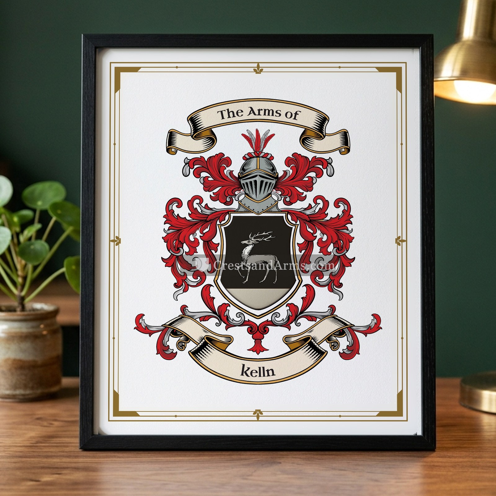 The Kelln arms on the framed, black wood