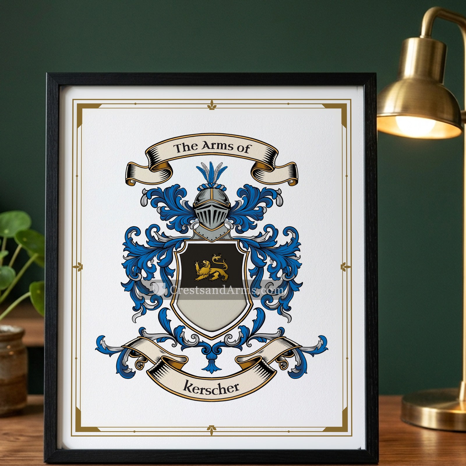 The Kerscher arms on the framed, black wood