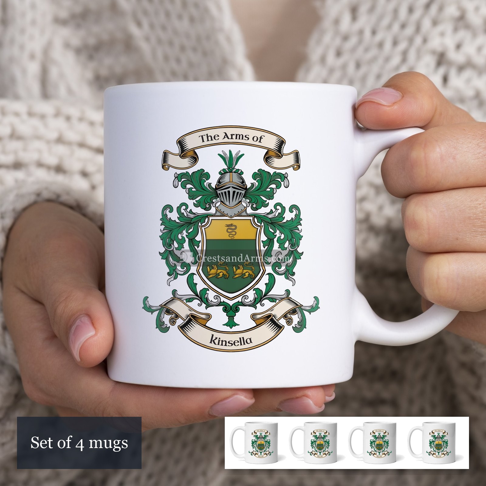 The Kinsella arms on the set of 4 mugs