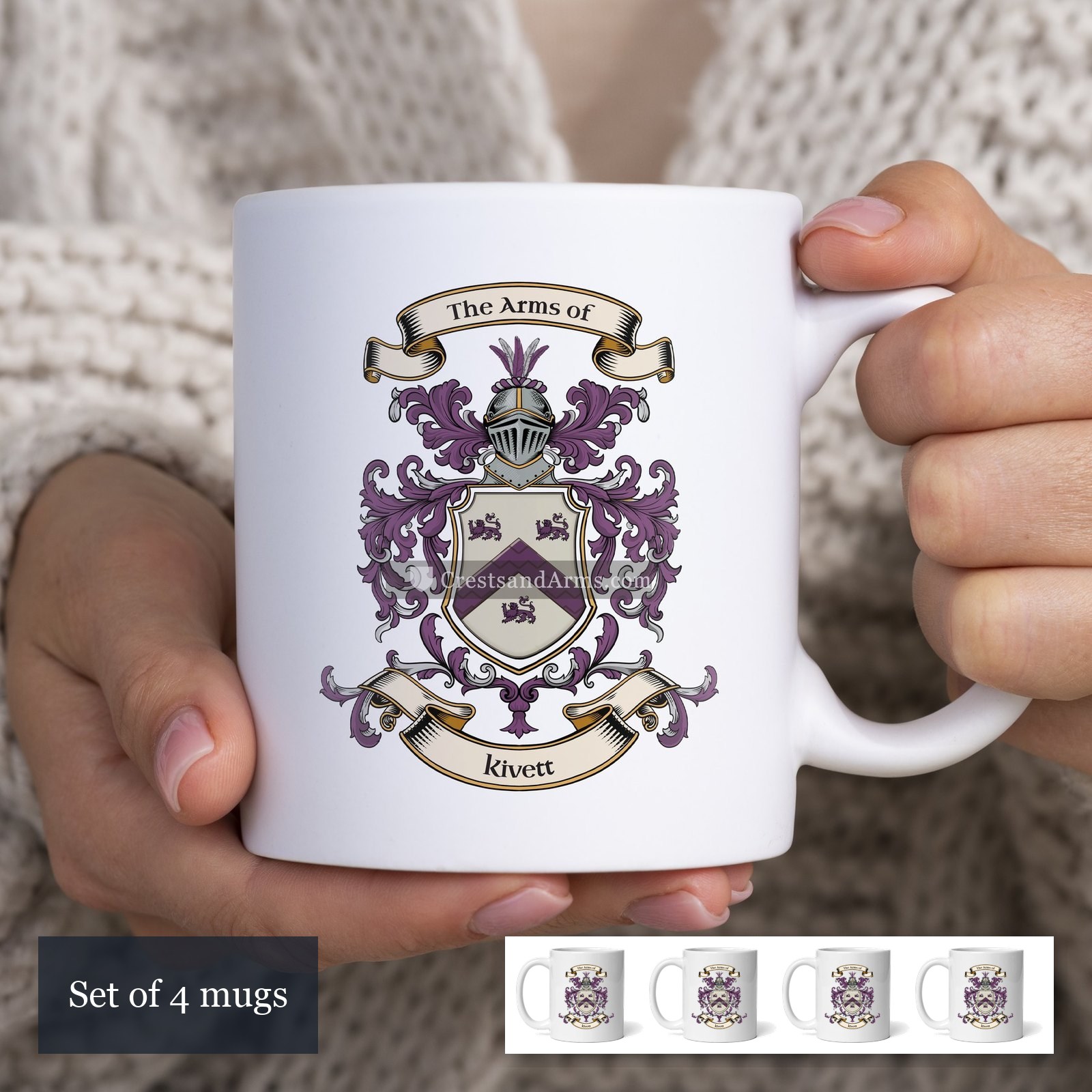 The Kivett arms on the set of 4 mugs