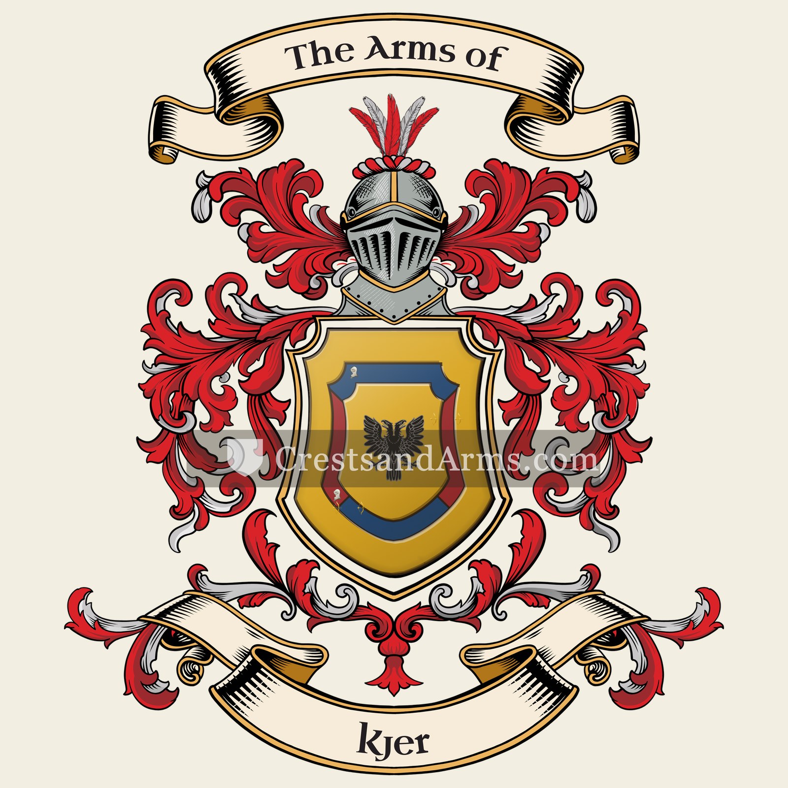 The Kjer coat of arms, drawn from the recorded blazon