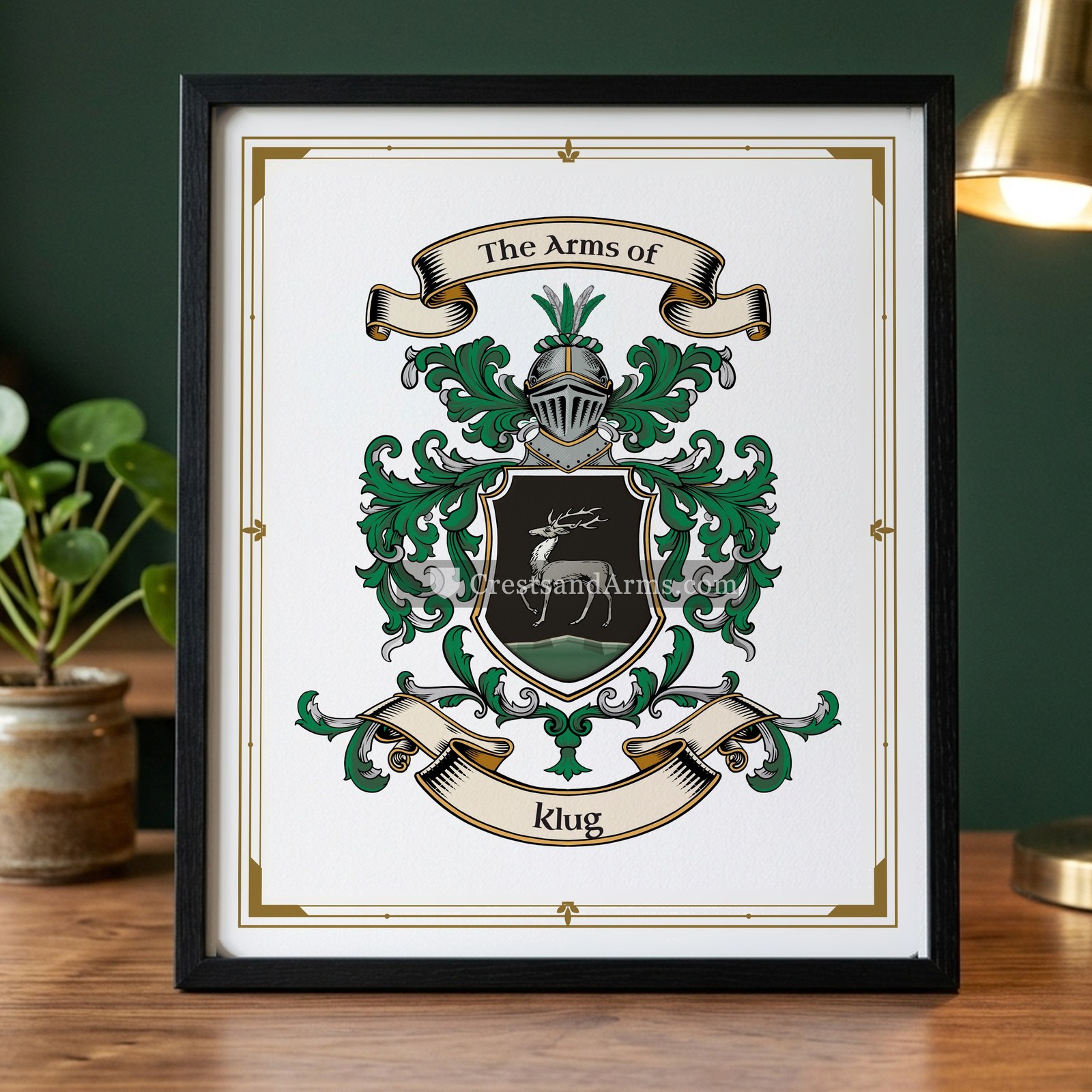 The Klug arms on the framed, black wood