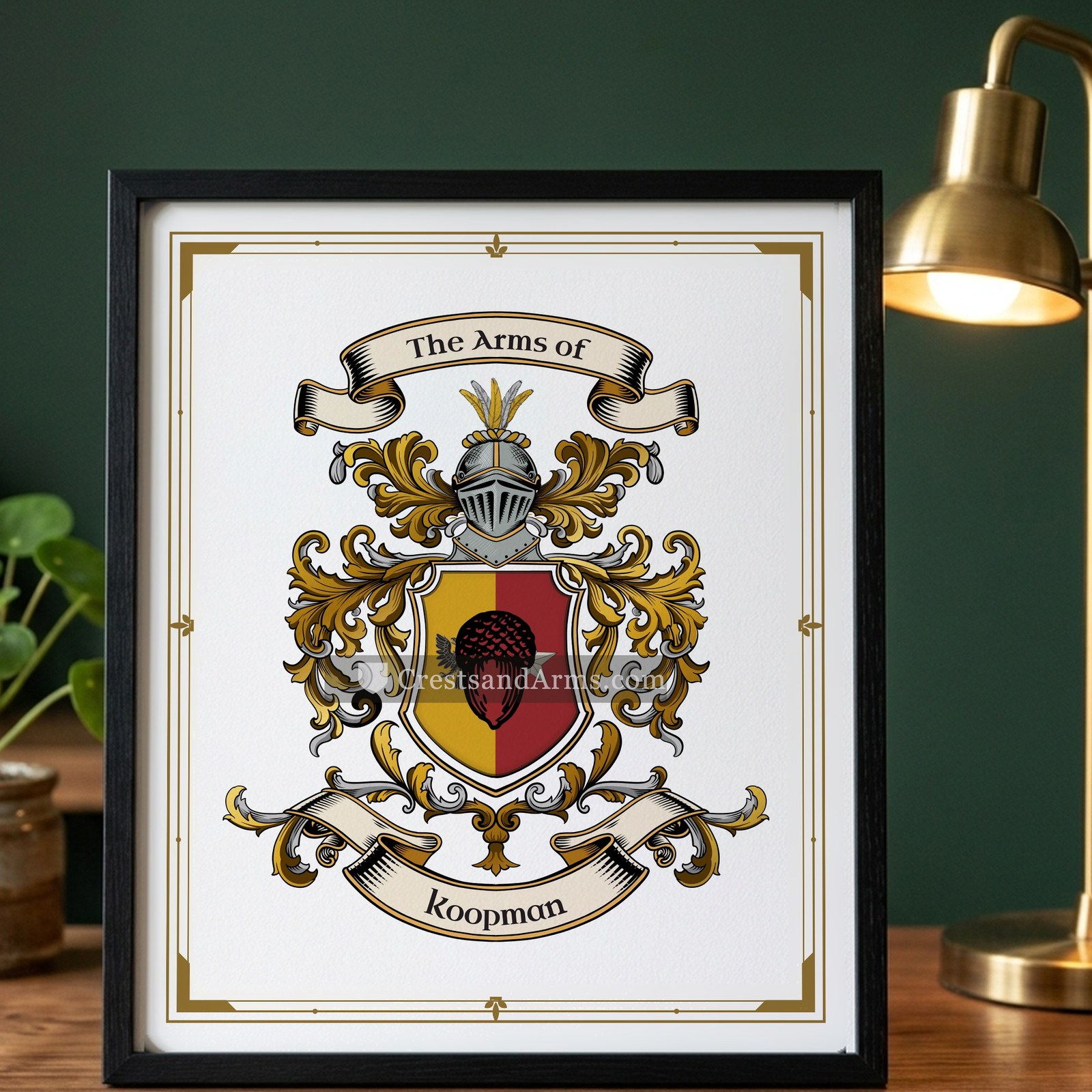 The Koopman arms on the framed, black wood