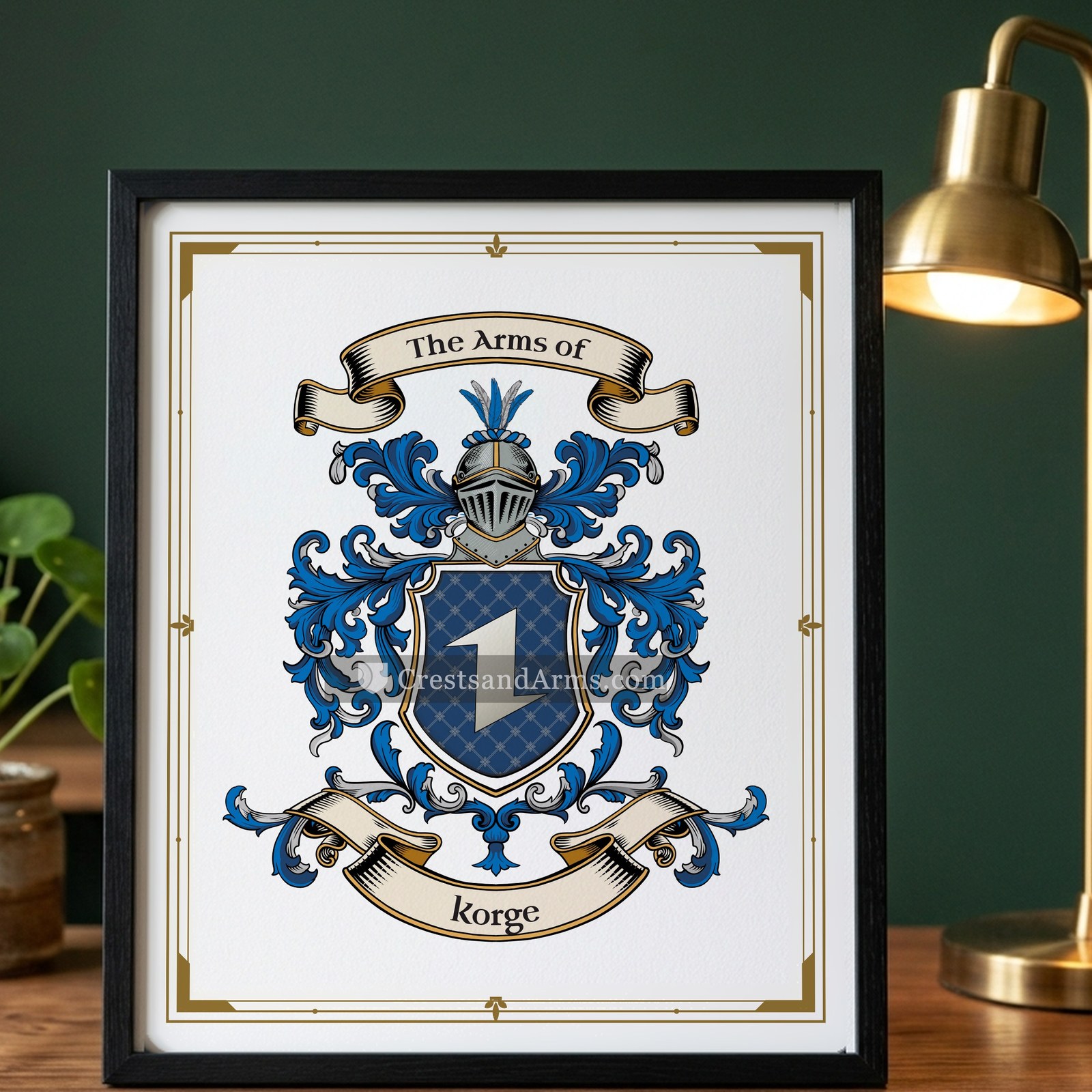The Korge arms on the framed, black wood