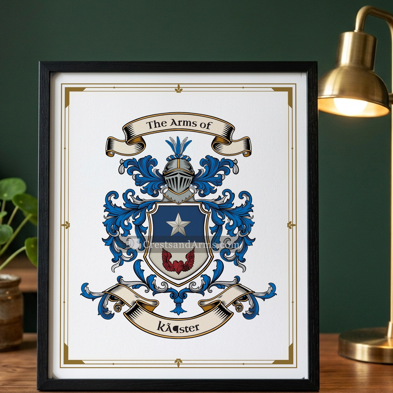 The Köster arms on the framed, black wood