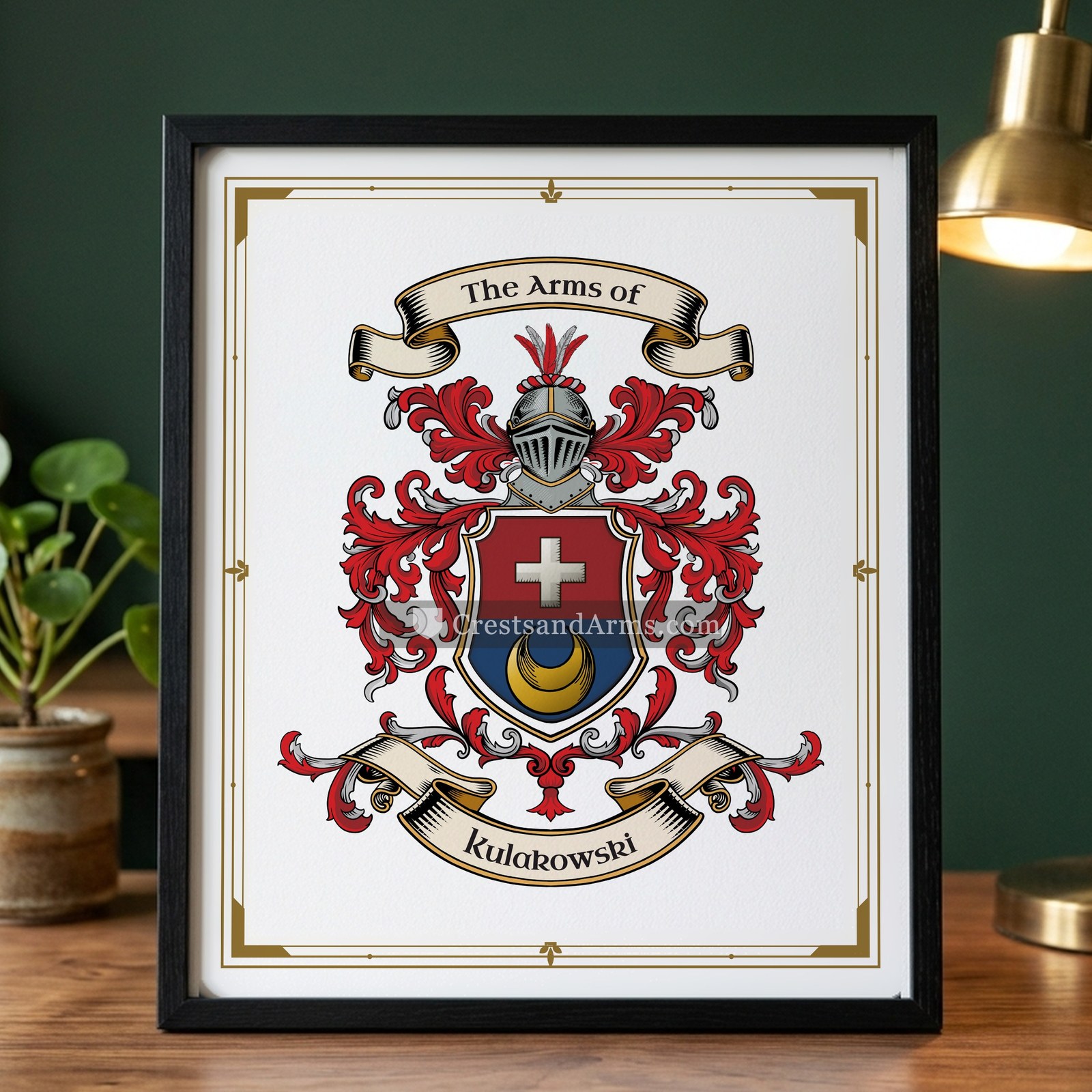 The Kulakowski arms on the framed, black wood
