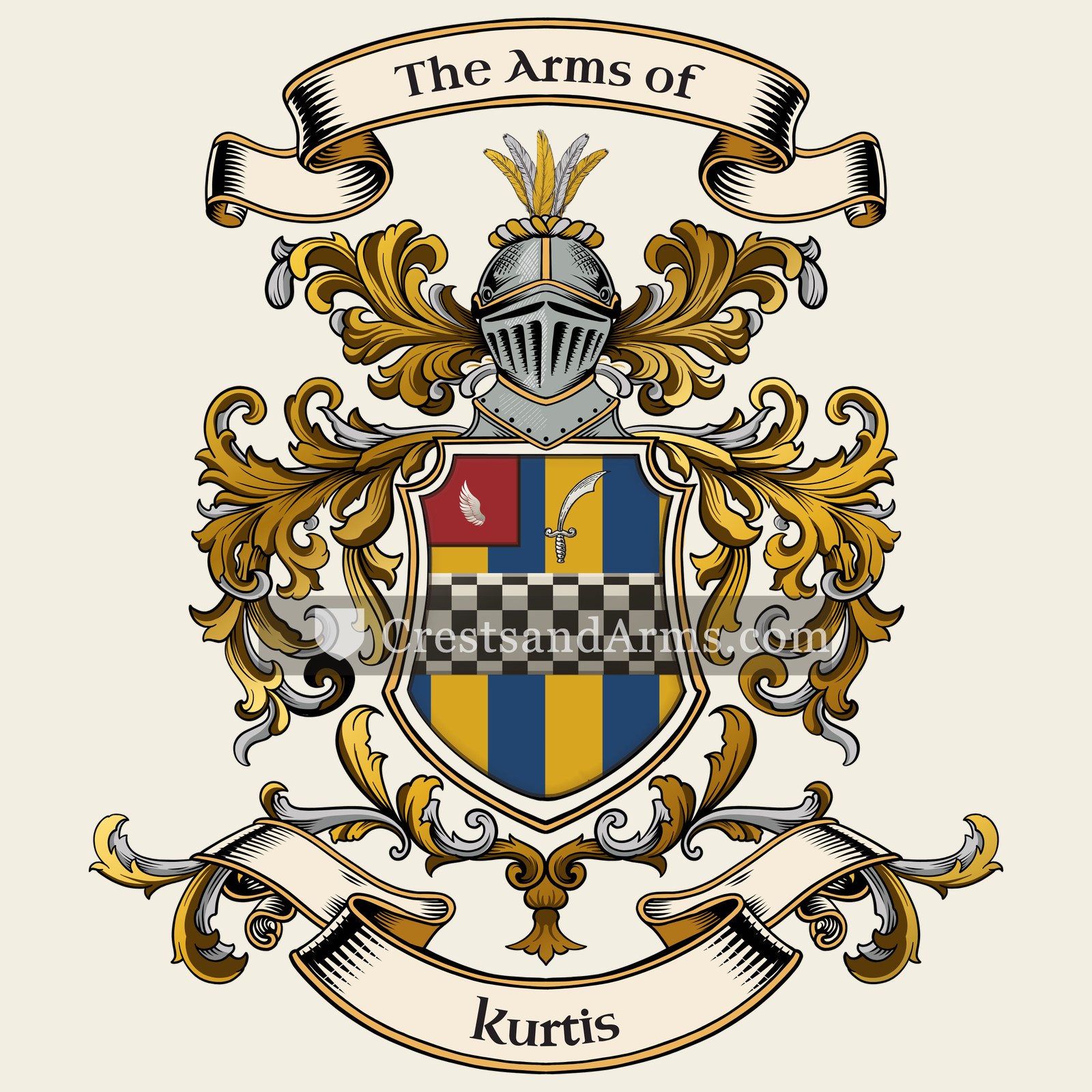 The Kurtis coat of arms, drawn from the recorded blazon