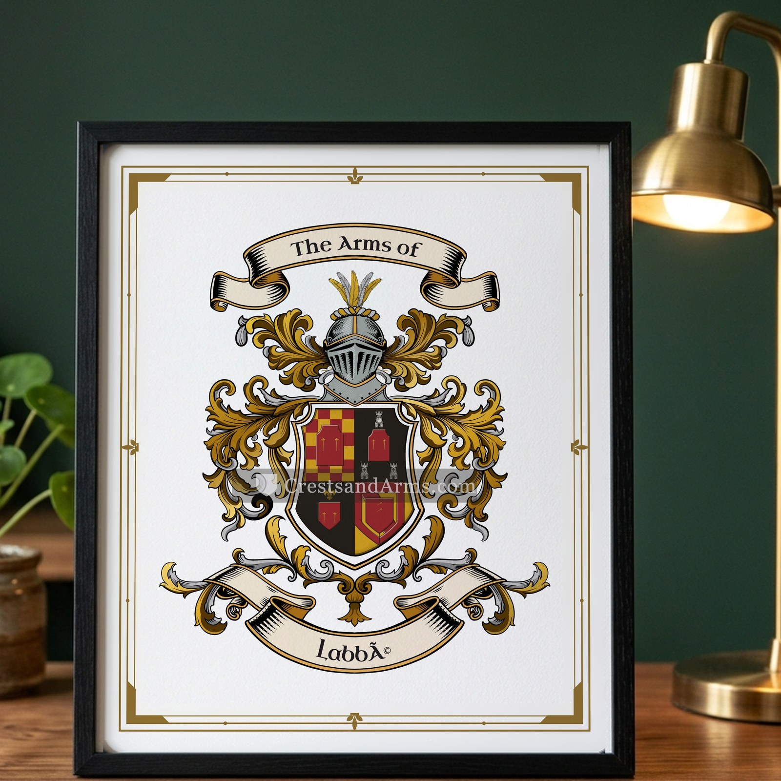 The Labbé arms on the framed, black wood