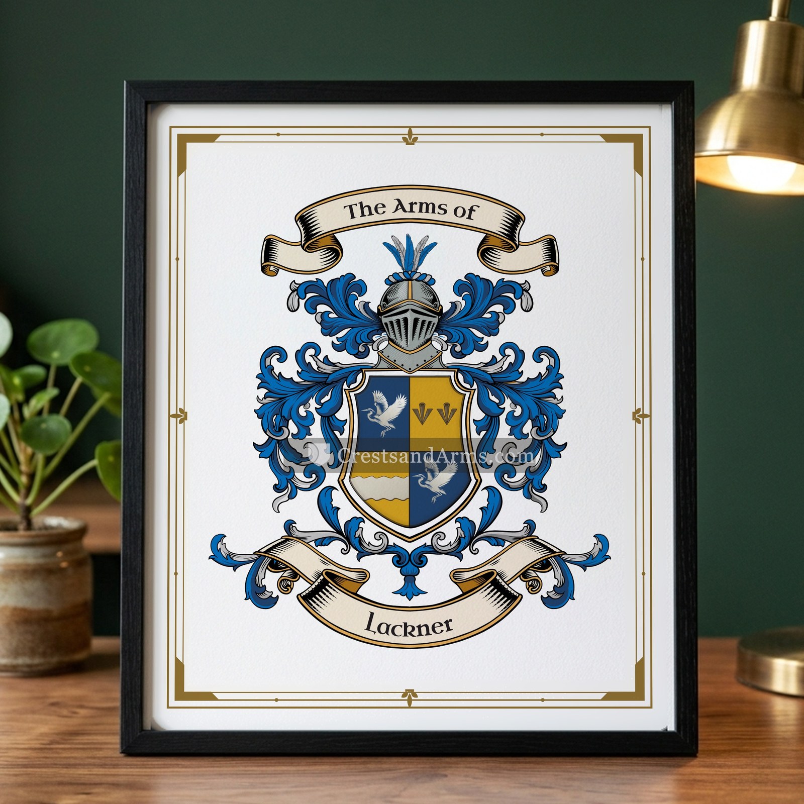 The Lackner arms on the framed, black wood