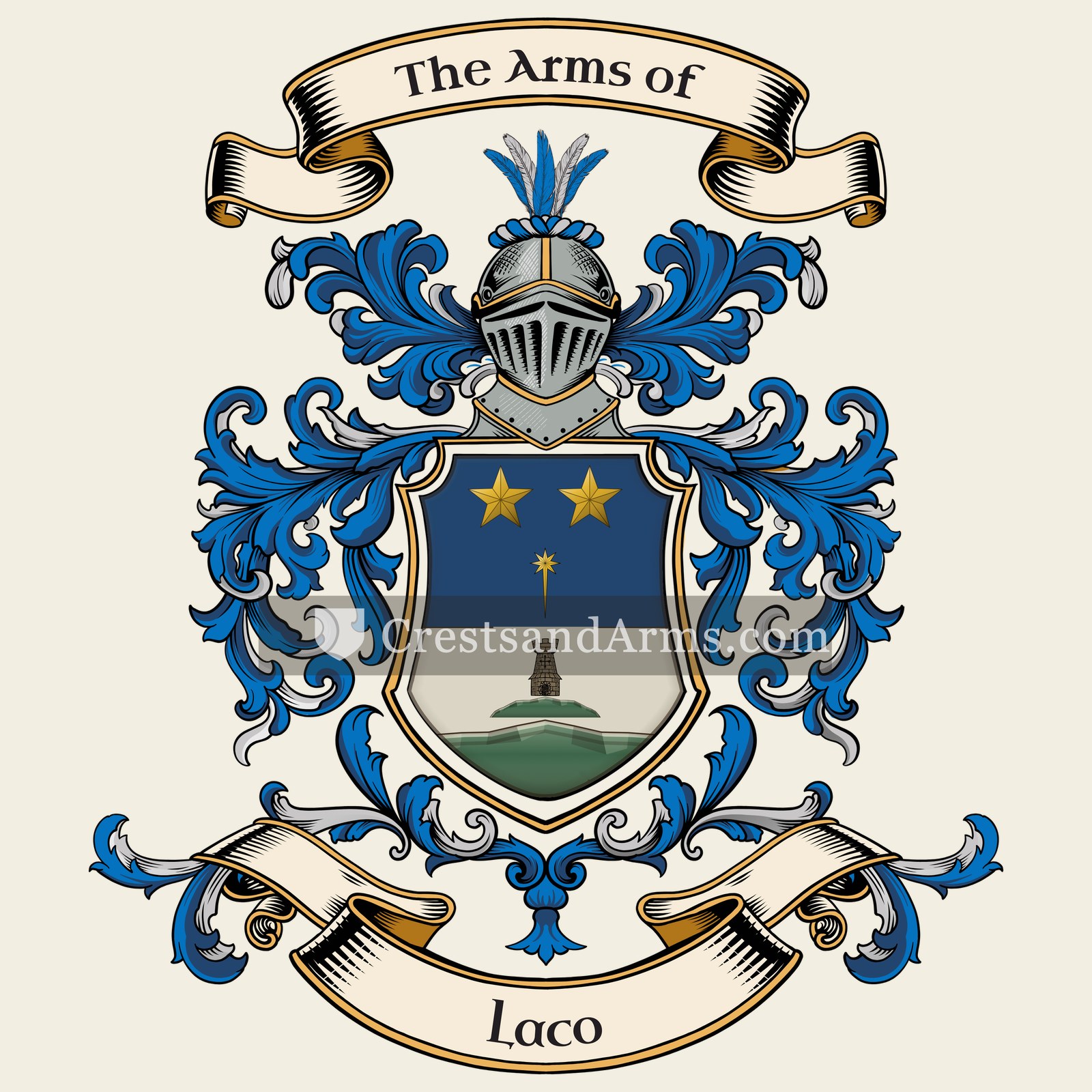 The Laco coat of arms, drawn from the recorded blazon