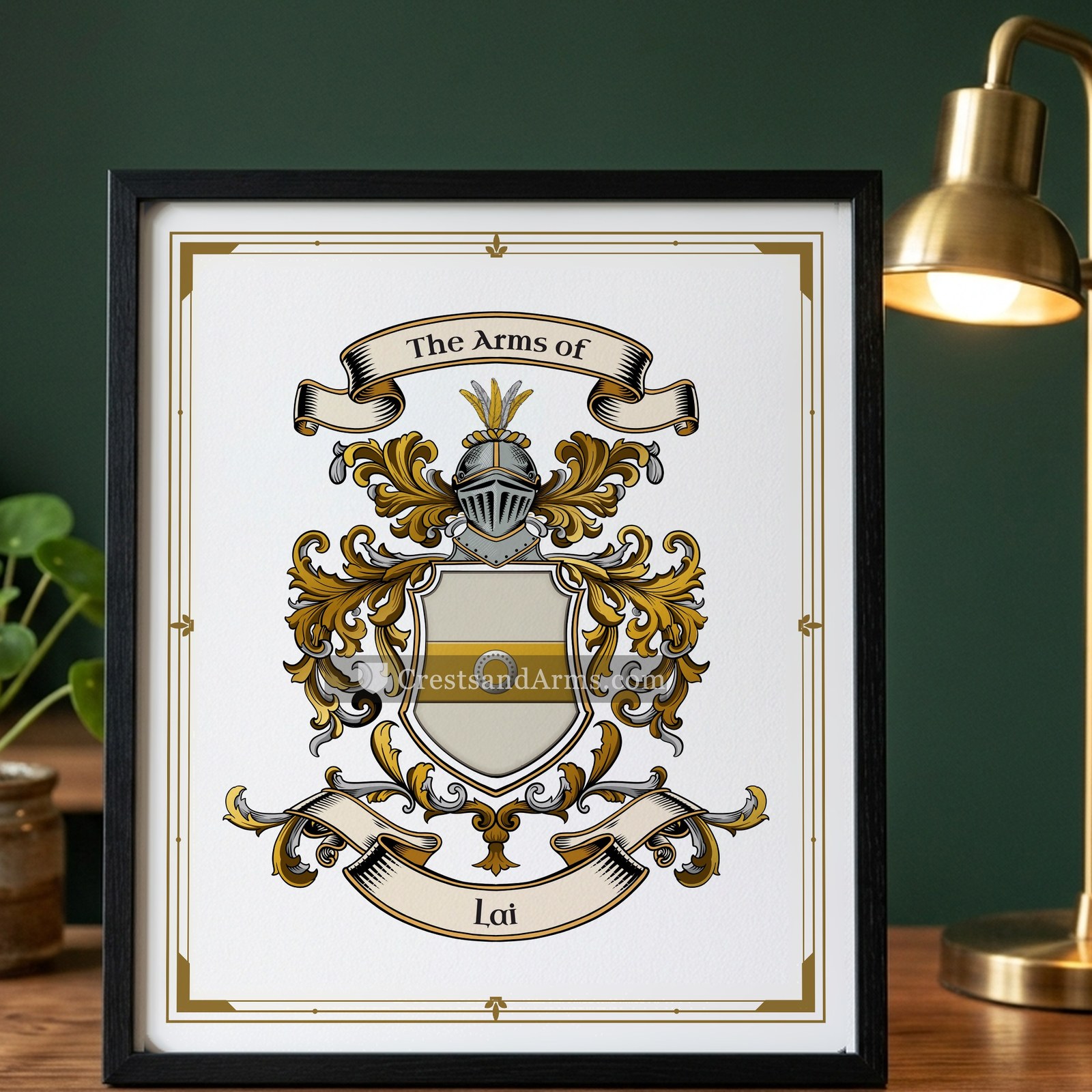 The Lai arms on the framed, black wood