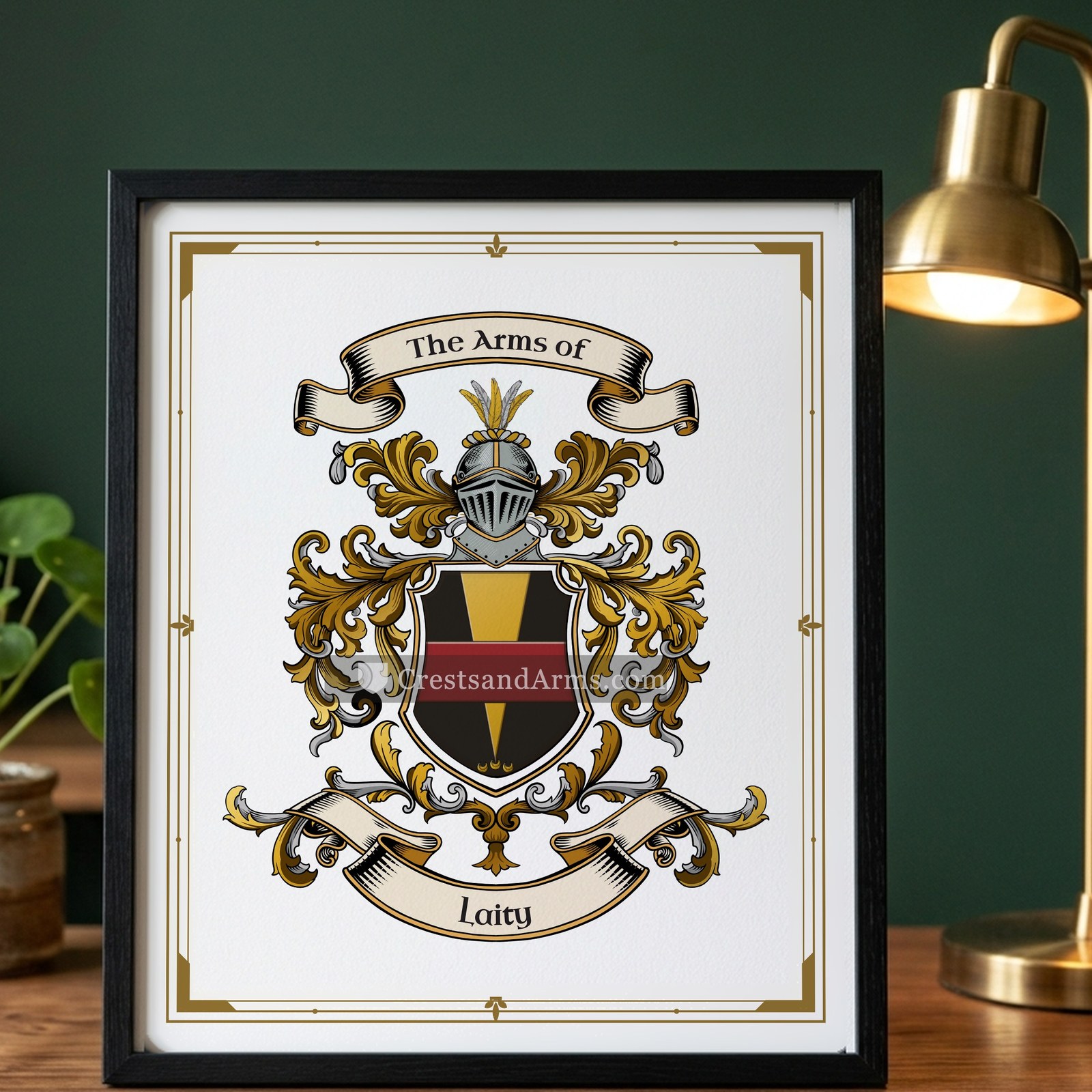 The Laity arms on the framed, black wood
