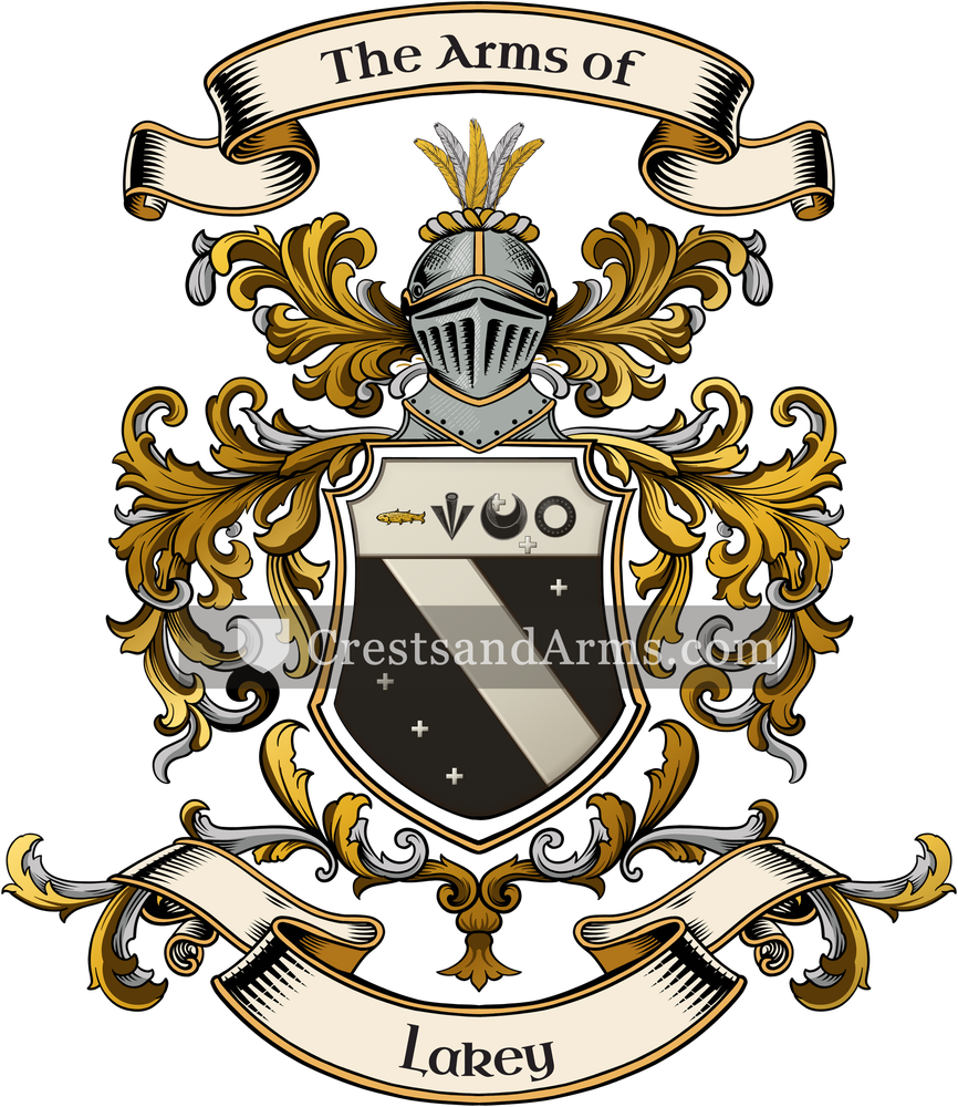 The Lakey coat of arms, drawn from the recorded blazon
