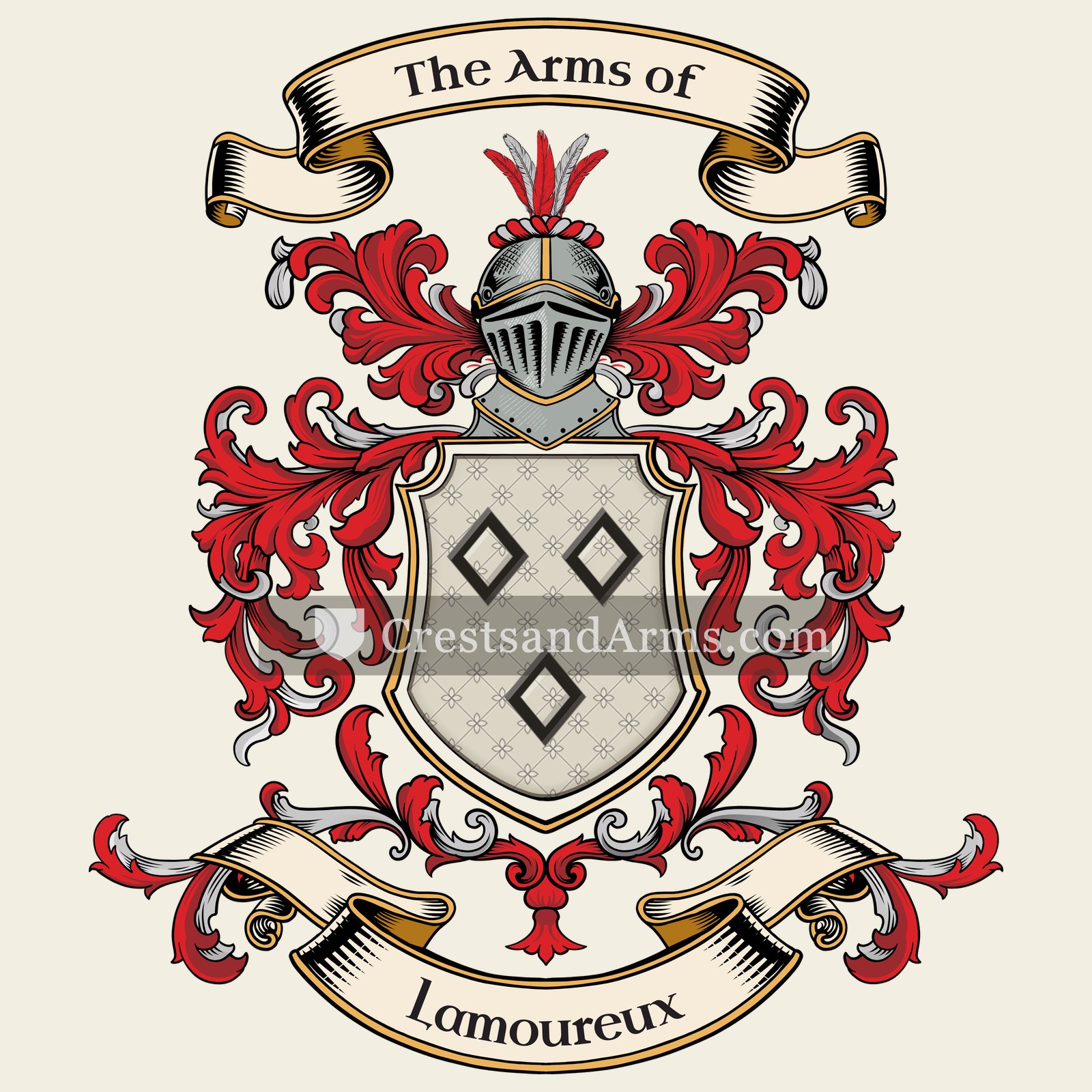 The Lamoureux coat of arms, drawn from the recorded blazon
