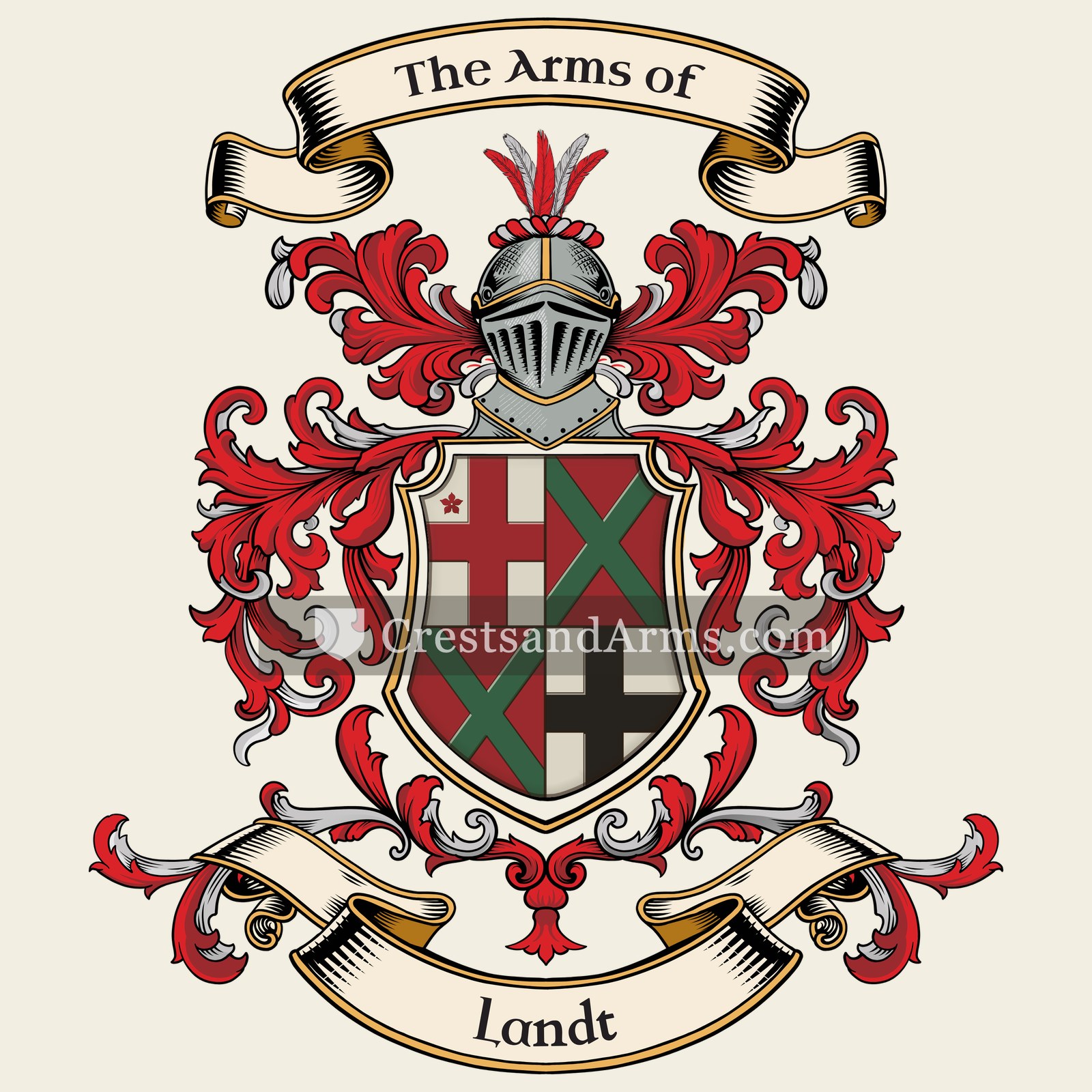 The Landt coat of arms, drawn from the recorded blazon