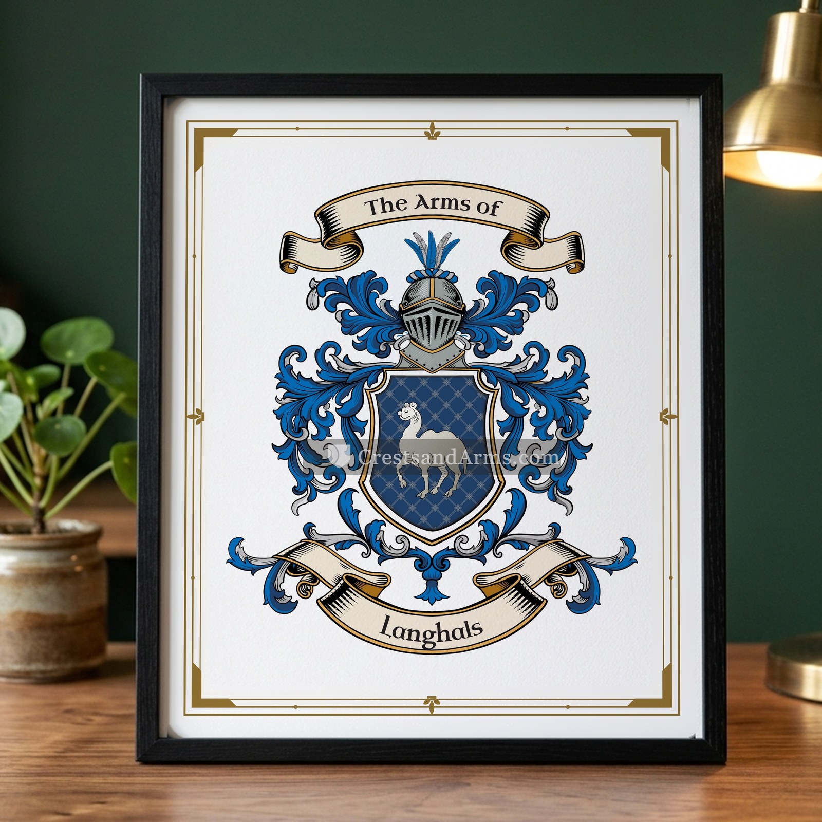 The Langhals arms on the framed, black wood