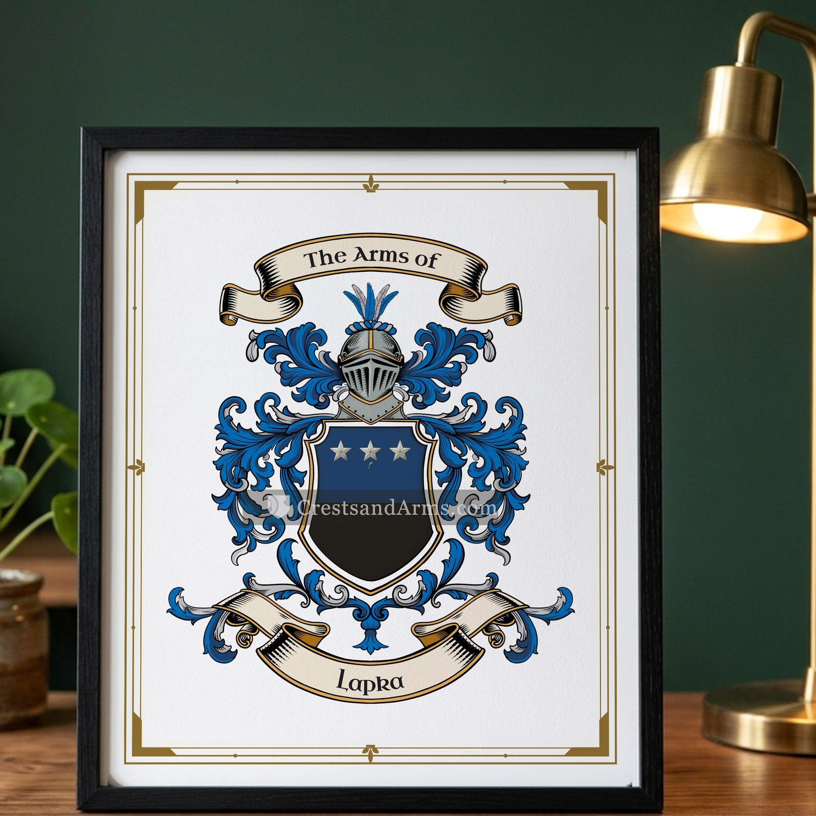 The Lapka arms on the framed, black wood