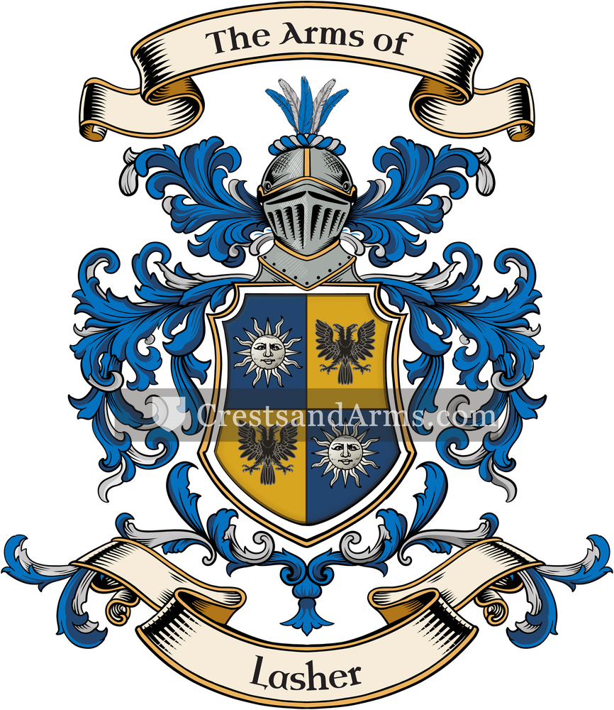 The Lasher coat of arms, drawn from the recorded blazon