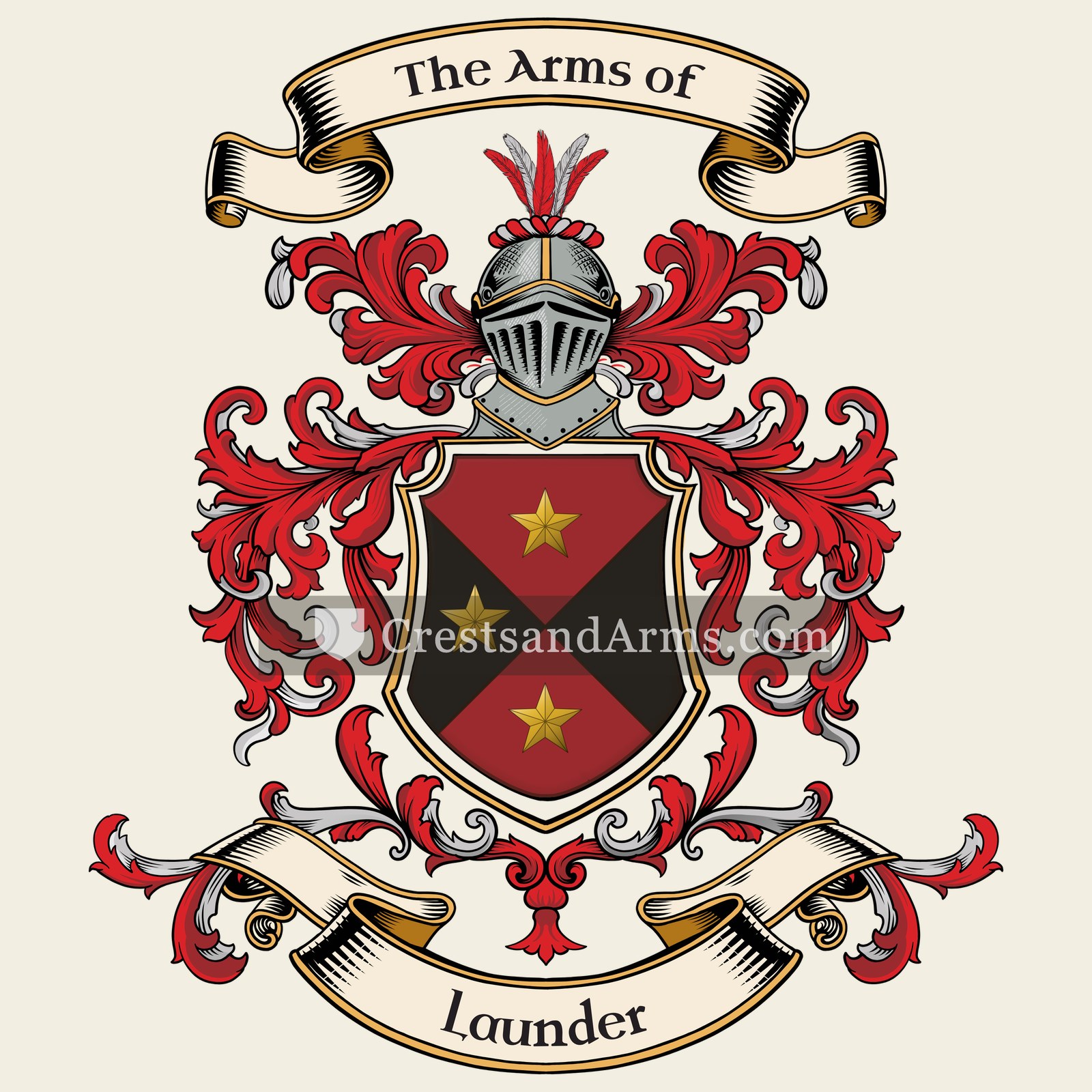 The Launder coat of arms, drawn from the recorded blazon