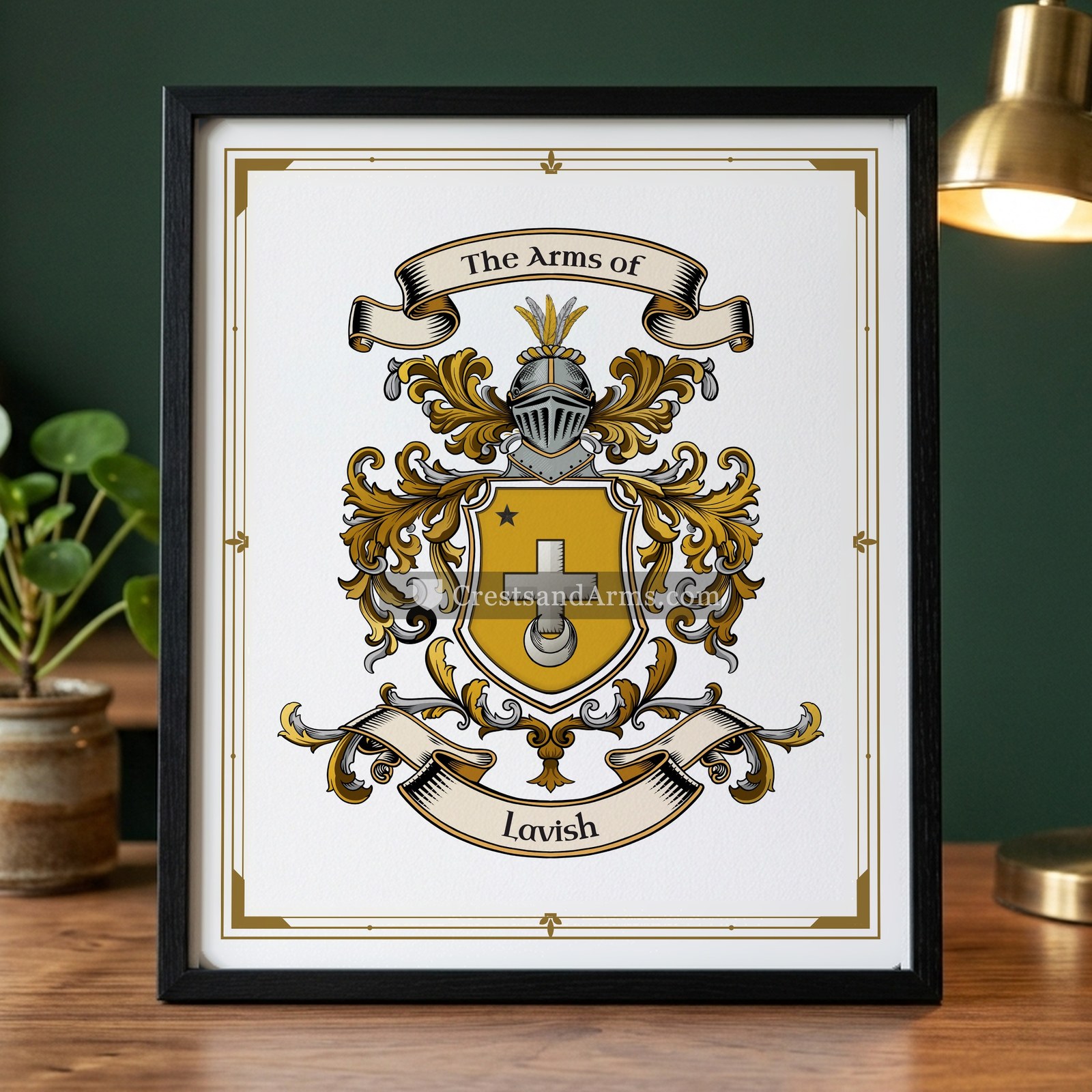 The Lavish arms on the framed, black wood