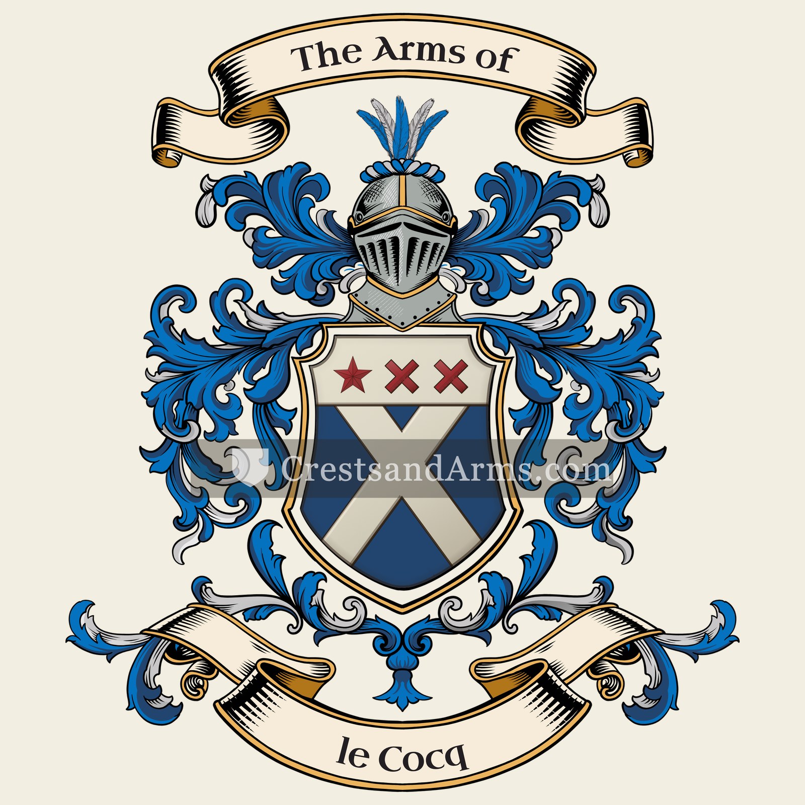 The le Cocq coat of arms, drawn from the recorded blazon