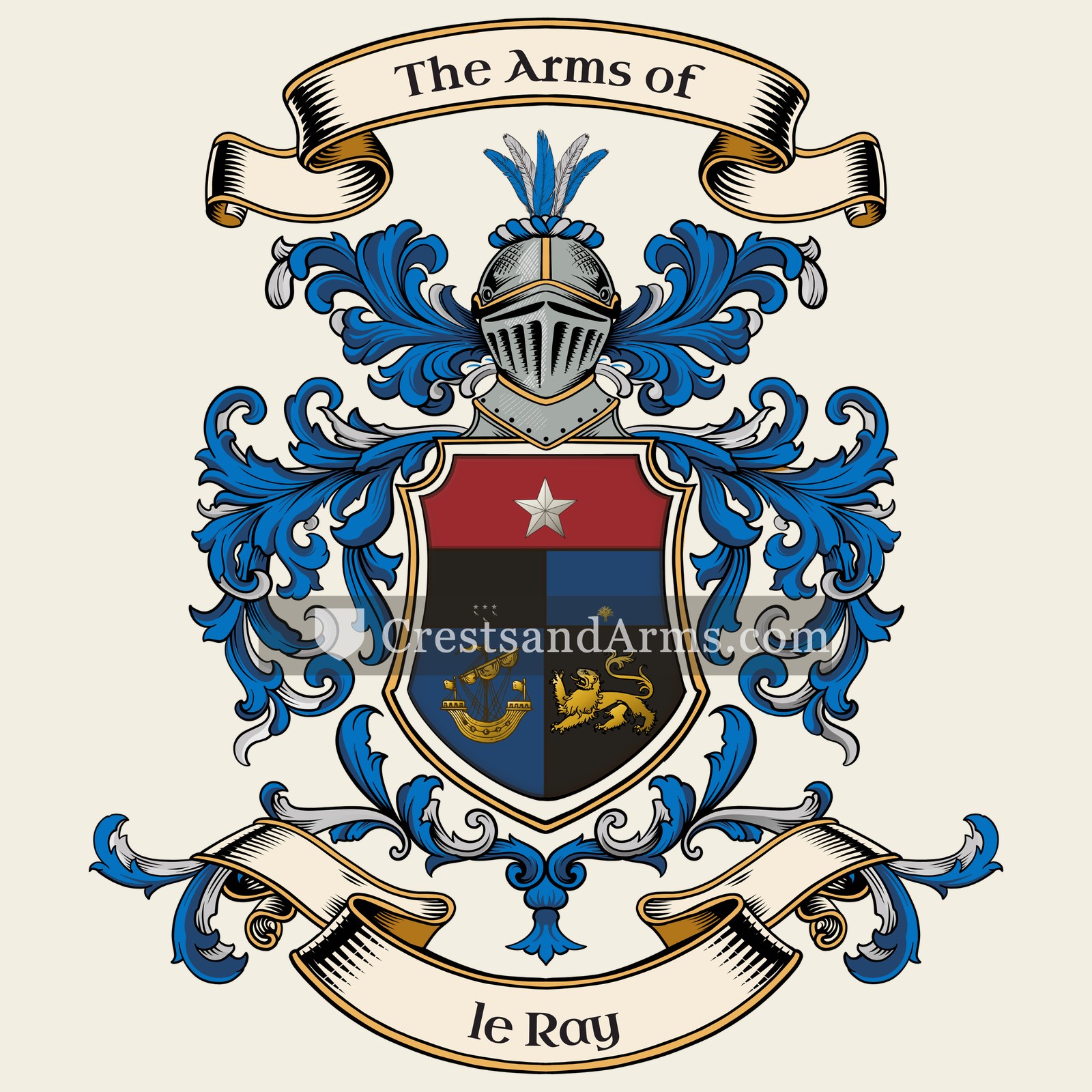 The le Ray coat of arms, drawn from the recorded blazon