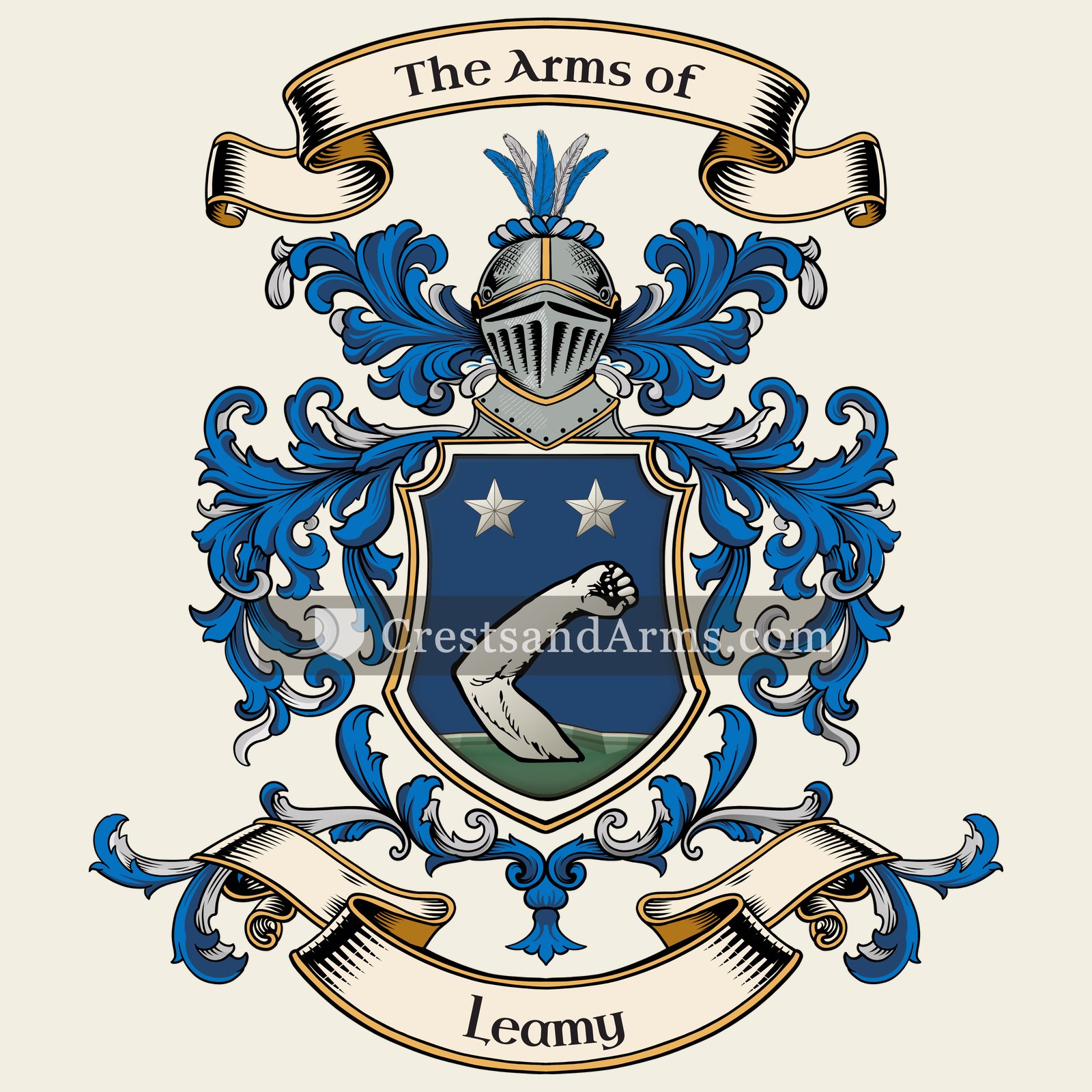 The Leamy coat of arms, drawn from the recorded blazon