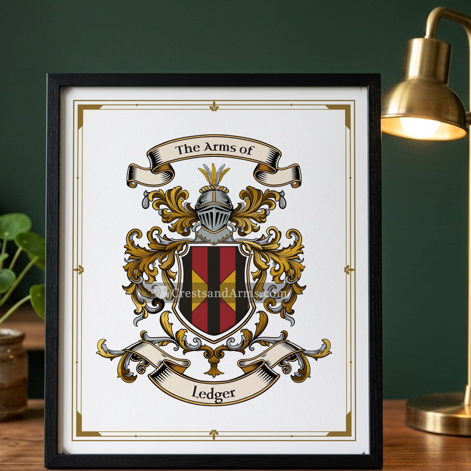 The Ledger arms on the framed, black wood